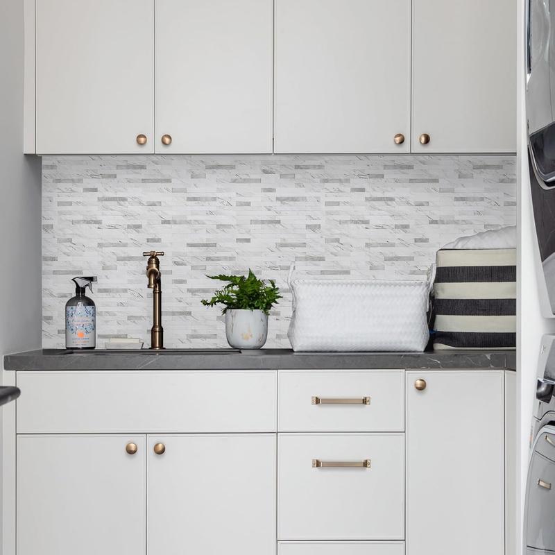 STICKGOO Peel and Stick Backsplash Tile, Stick on Backsplash for Kitchen and Bathroom, Volakas White Look PVC Mixed Metal Silver Self Adhesive Wall Tiles(10 Sheets) Decoration