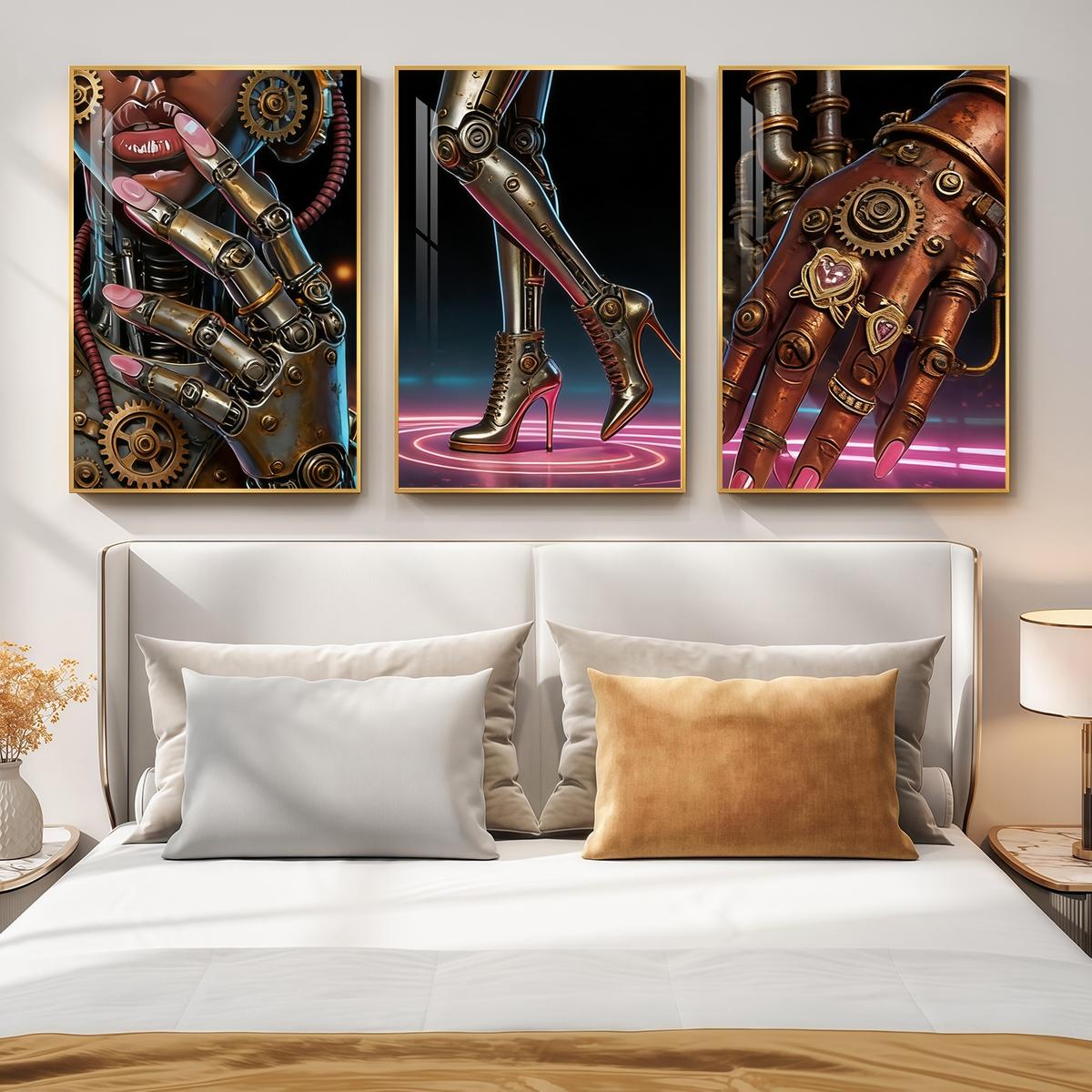 3 Counts Aluminum Alloy Framed Painting, Futuristic Cyberpunk Robot Art Pictures, Home Decoration For Living Room, Bedroom, Office, Restaurant, Hallway Wall Decor, Odorless Print Artwork, Luxury Perfect Gift For Friends And Family