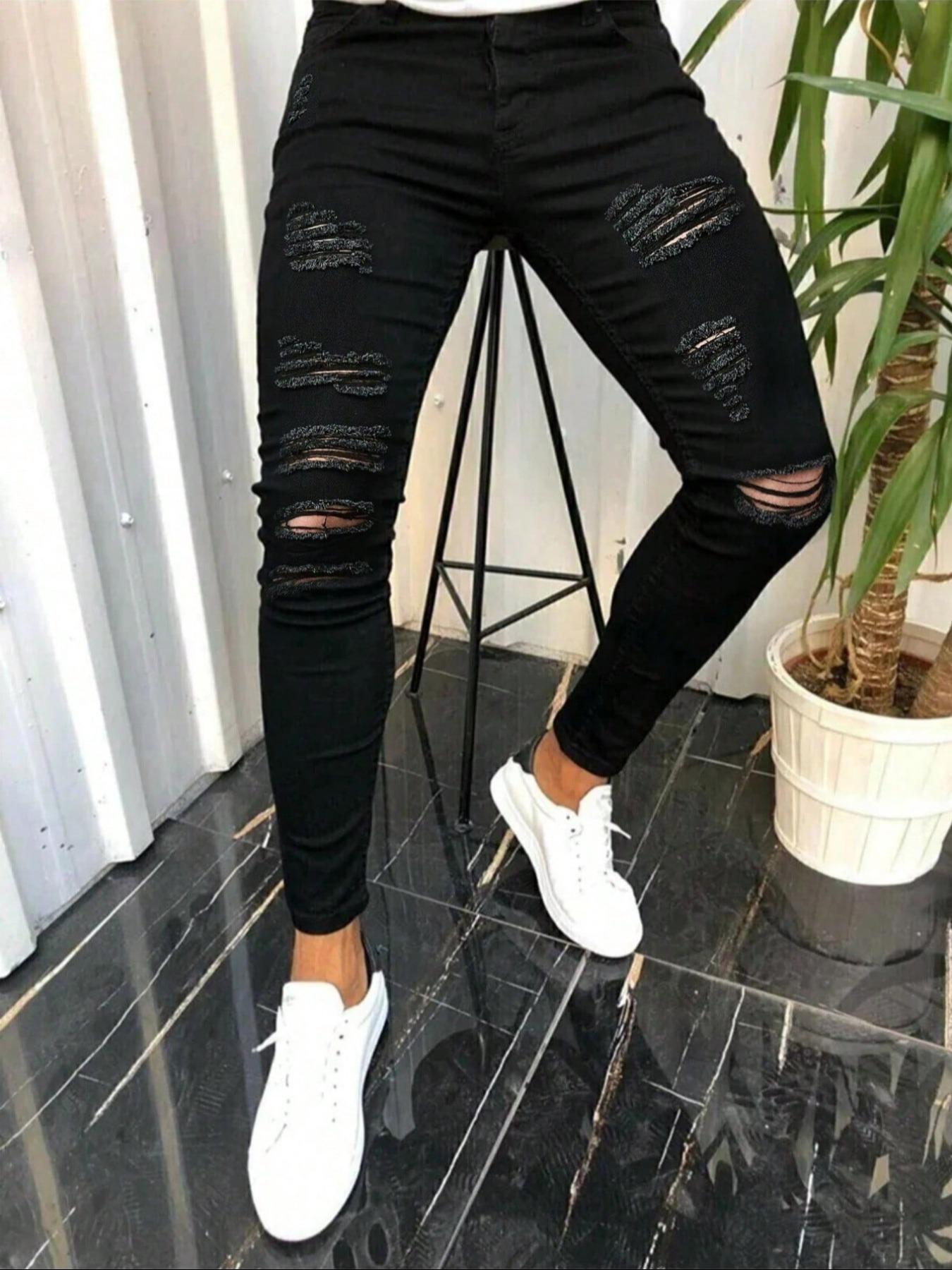 Men's Ripped Button Fly Skinny Jeans, Casual Comfy Pocket Design Trousers for Daily Wear, Fashion Men's Bottoms for All Seasons, Skinny Fit Jeans