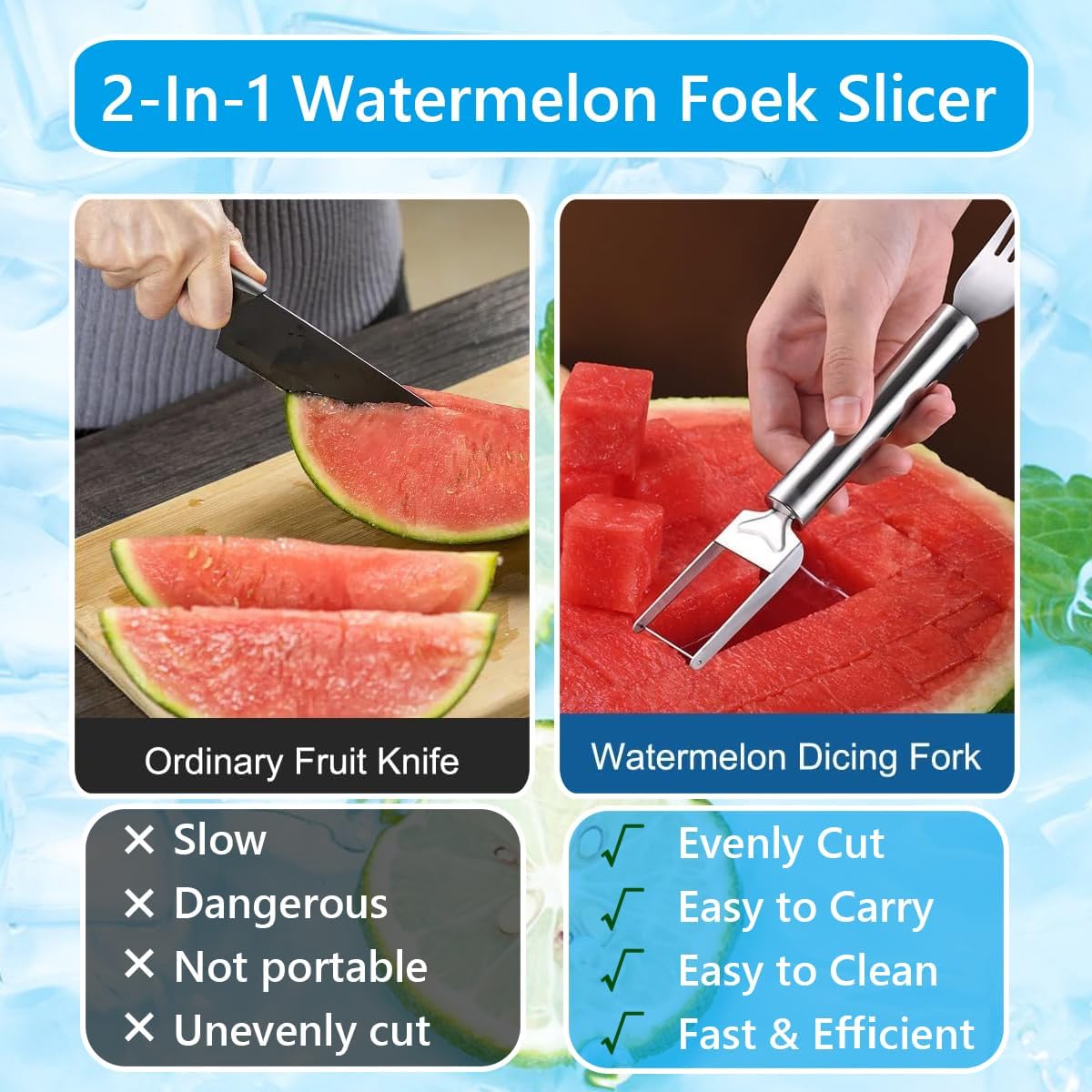 Watermelon Fork Slicer Cutter Slicer Tool, 2-in-1 StainlessSteel Fruit Cutter, Dual Head Fruit Forks Slicer Knife withRound Handle Kitchen Utensils Kitchenware Watermelon Fork Slicer Cutter Slicer Tool, 2-in-1 StainlessSteel Fruit Cutter, Dual Head Fruit Forks Slicer Knife withRound Handle Kitchen Utensils Kitchenware