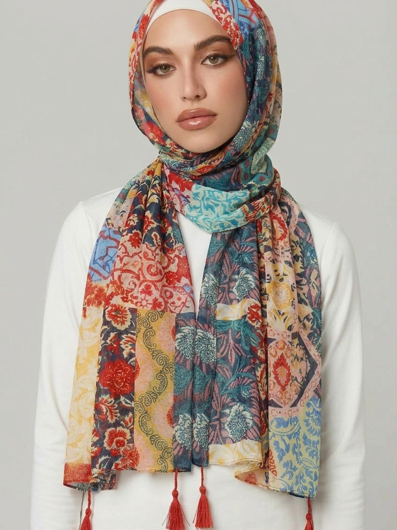 Women's Boho Peach Blossom Headscarf, Sun Protection Multicolor Scarf, Elegant Multi-Functional Shawl, Daily Wear, Pair with Robe or Dress