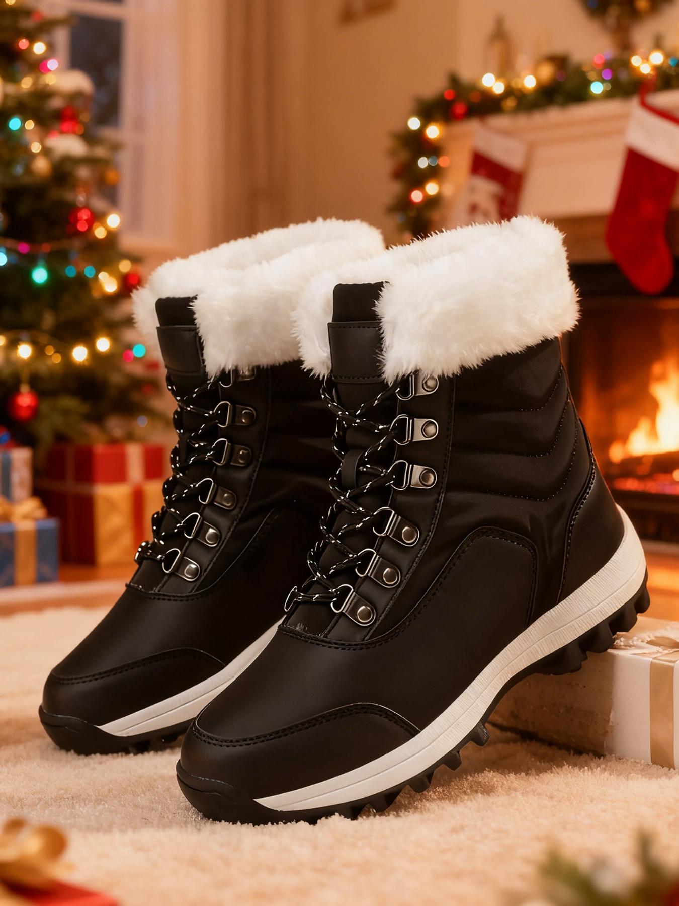 Women's High-Top Lace-Up Hiking Boots, Trekking Shoes, Durable Outdoor Snow Boots with Fleece Lining, Fashionable and Comfortable for Daily Wear and Outdoor Activities, Christmas Gift, Casual Hiking Shoes