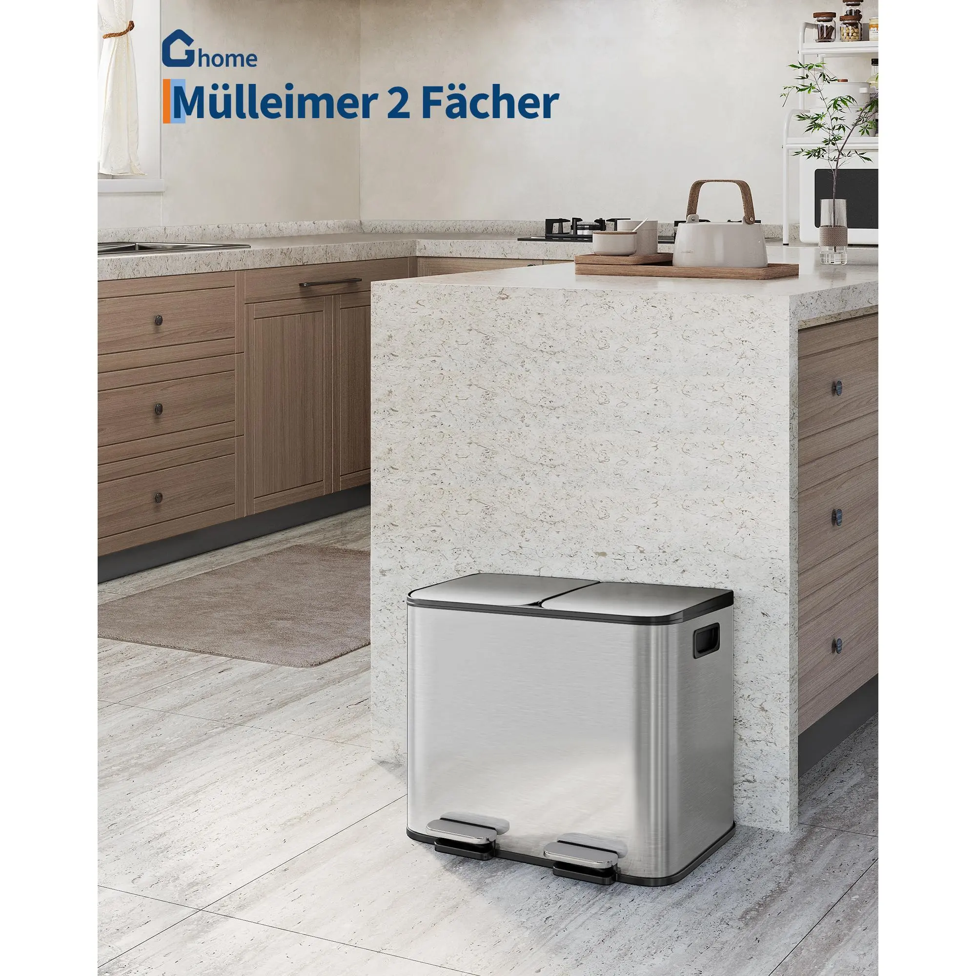 Garvee Dual Compartment 30L Kitchen Trash Can – Stainless Steel Step Bin with Soft-Close Lid, Removable Inner Buckets & Side Handle for Recycling – Silver