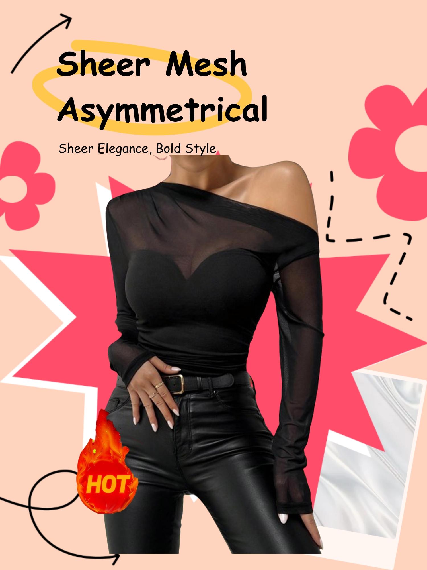 Women's Sexy Sheer Mesh Patchwork Asymmetrical Shoulder Long Sleeve Slim Fit T-Shirt, Stylish Casual Top for Daily Wear