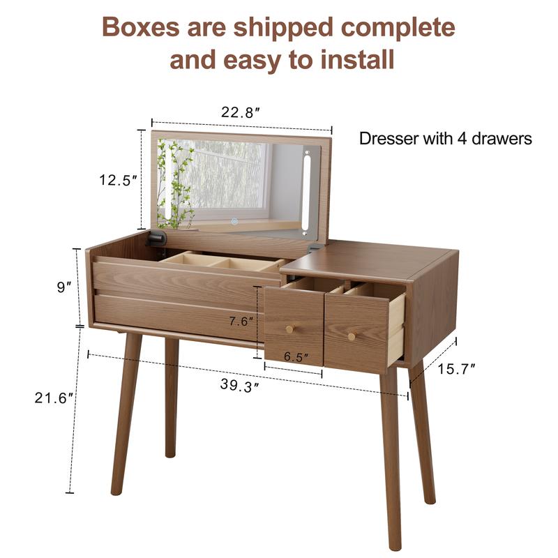 【Eco-Friendly】Elegant Handicraft Vanity, 100% Solid Wood - NO MDF, with Mirror and Lights, Dressing Vanity Table, Large Wooden Make Up Vanity Table for Bedroom (with Adapter)