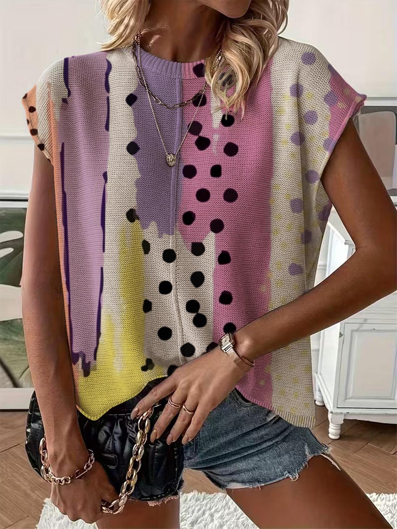 Summer Round Neck Short Sleeve Knit Top Blouse, Loose Fit Colorblock Polka Dot Print, Casual Elegant Commuter, Bikini Cover-Up
