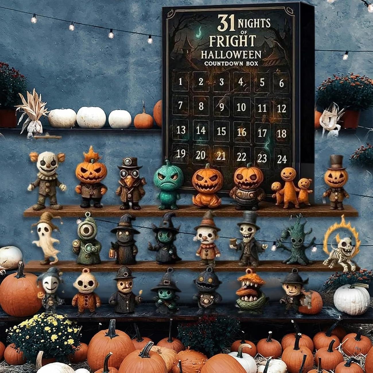 Halloween 31 Night Countdown Calendar Gift Box, 31 Collectible Horror Dolls, Daily Door Decor for Parties, Plastic Material, Spooky Holiday Decoration