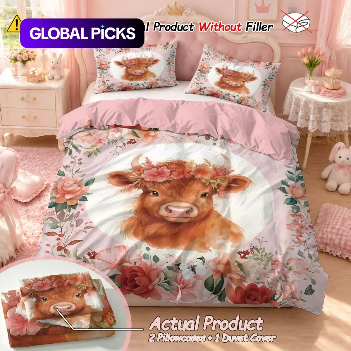 3-piece set (1 quilt cover +2 pillowcases, coreless) pink highland cow flower print quilt cover set, soft and comfortable bedding, suitable for use in all rooms, room decoration, Duvet Cover Sets