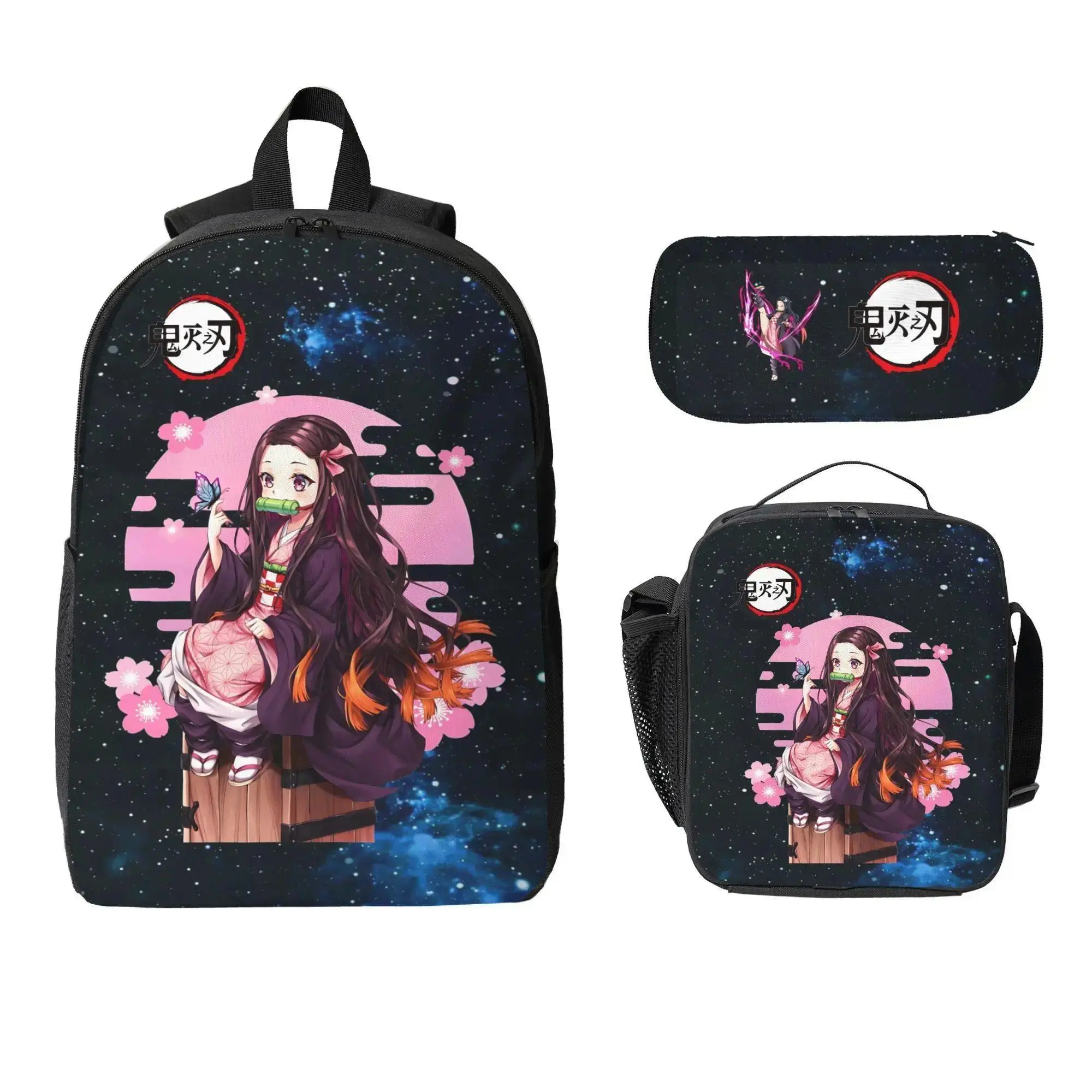 Demon Slayer 3 PCS Backpack Set Kamado Nezuko Anime Lunch Bag Pencil Case Elementary Daypacks Rucksack Daily Backpacks Gifts Laptop Bookbag Unisex