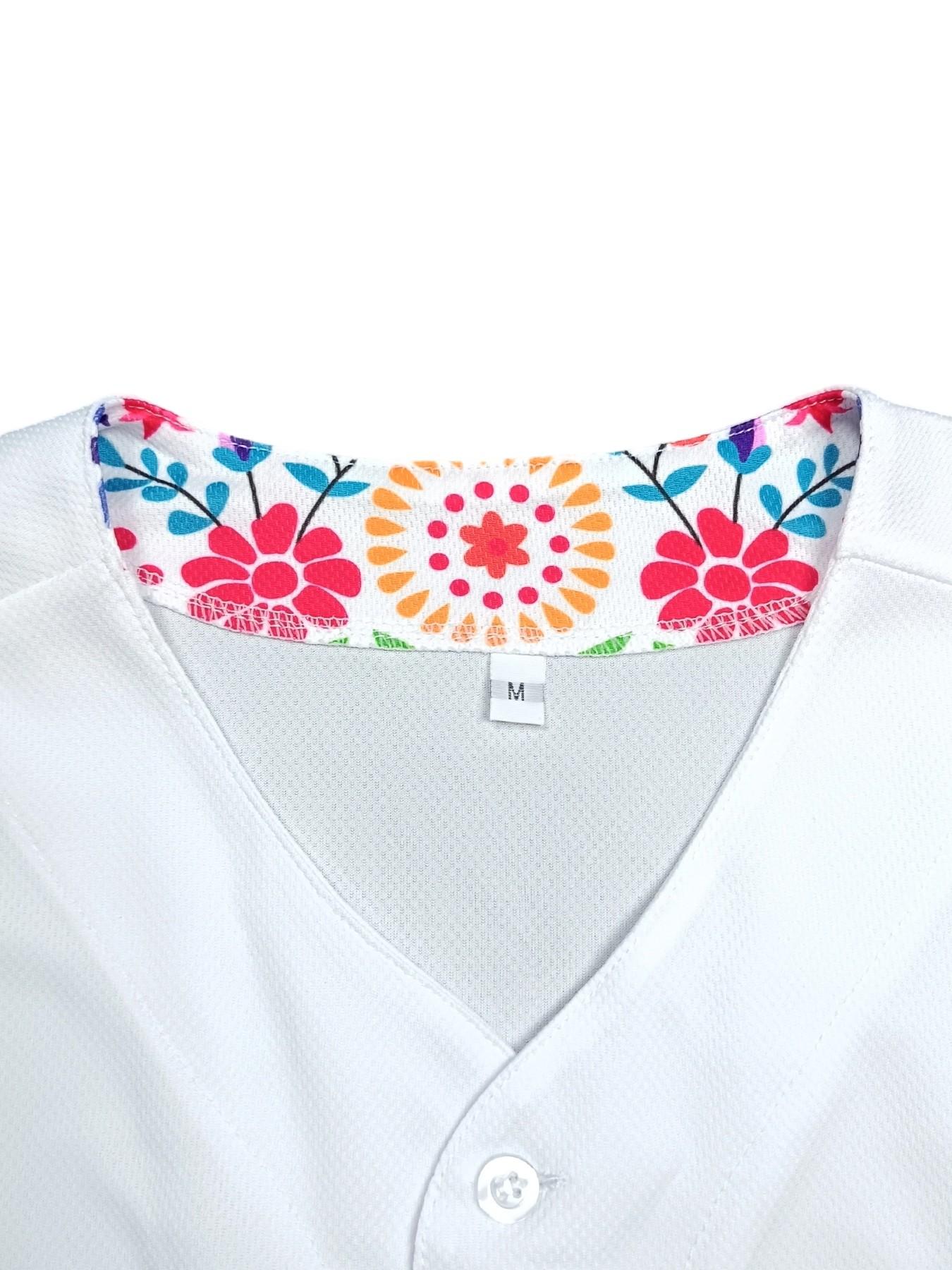 Mexico Floral Baseball Jersey, Unisex White Stitched Button-Down Uniform, Breathable Comfortable Ethnic Style Sports Shirt