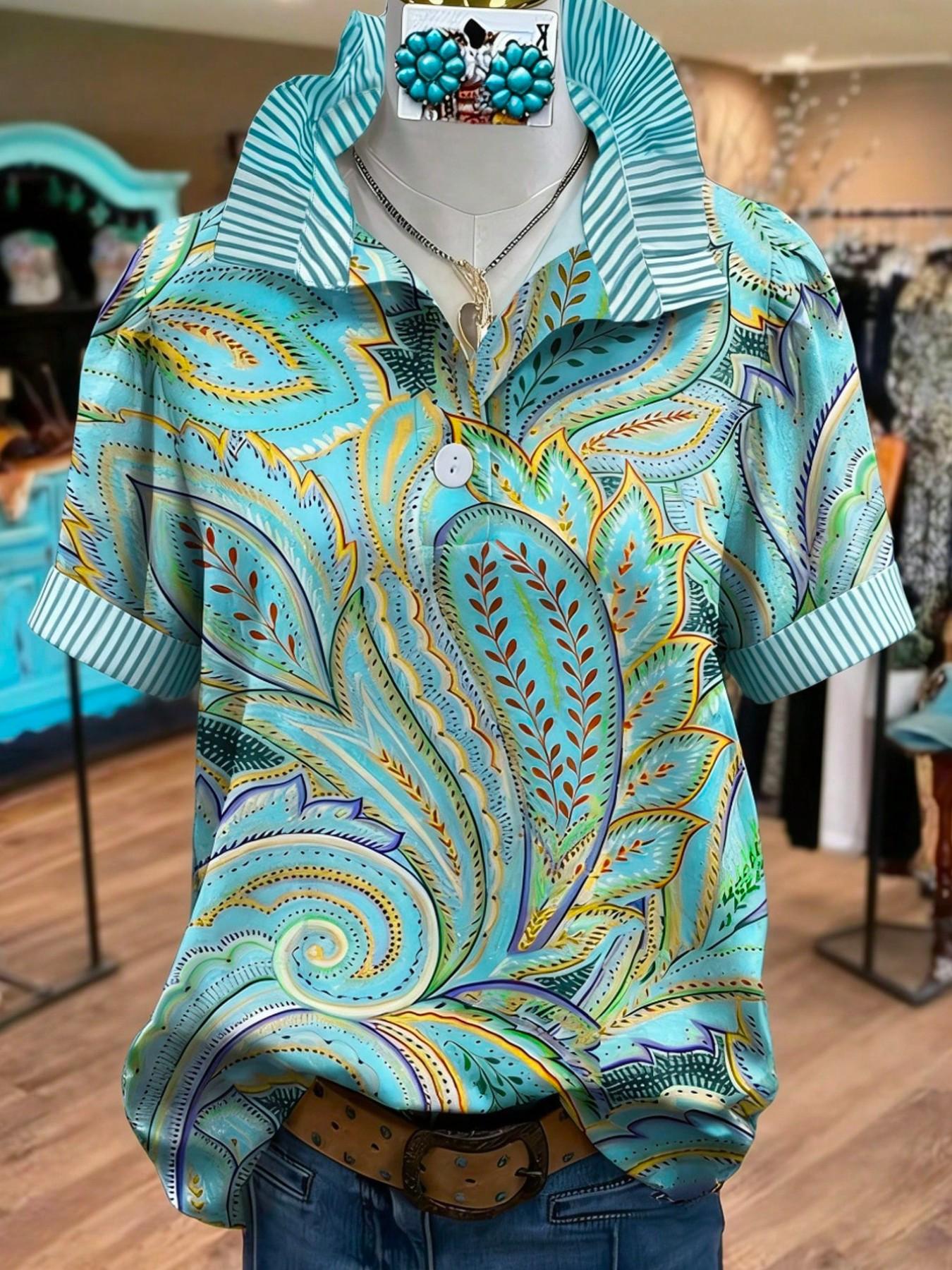 Vintage Paisley Print Blouse Shirt for Women - Spring Summer Casual Half-Open Front Top with Striped Collar