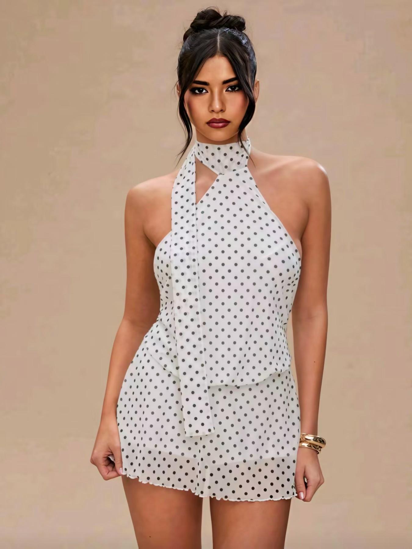 Holiday Polka Dot Print Fashion Strap Mini Dress, Perfect for Dates Vacation Party, Summer Dress Sy1025