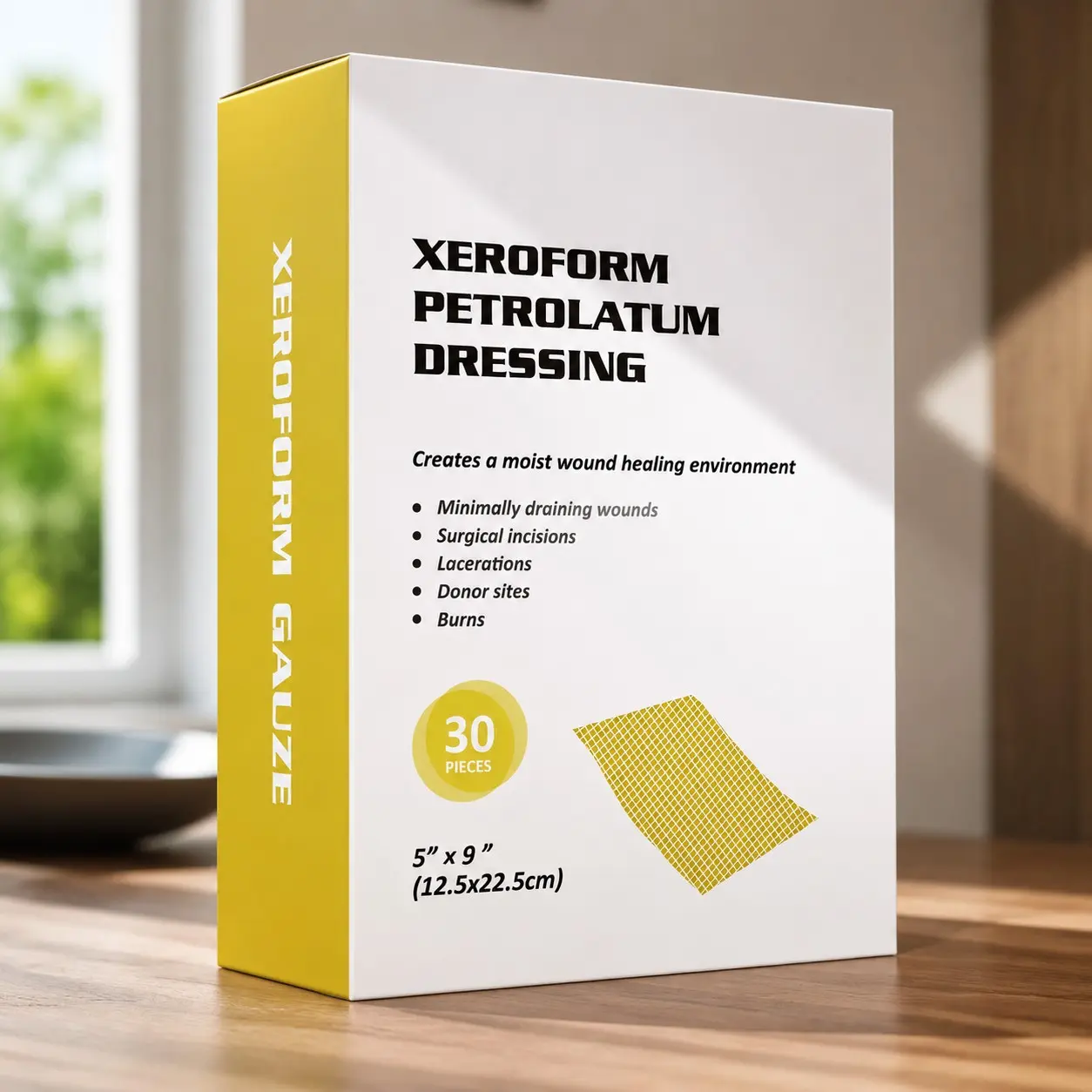 Xeroform Petrolatum Dressing Patch, 5"x9" - 30 Pcs/Box, Non-Adherent Gauze Dressings for Minor or Partial Thickness Burns, Lacerations, Skin Graft Recipient Sites, Newly Sutured Wounds