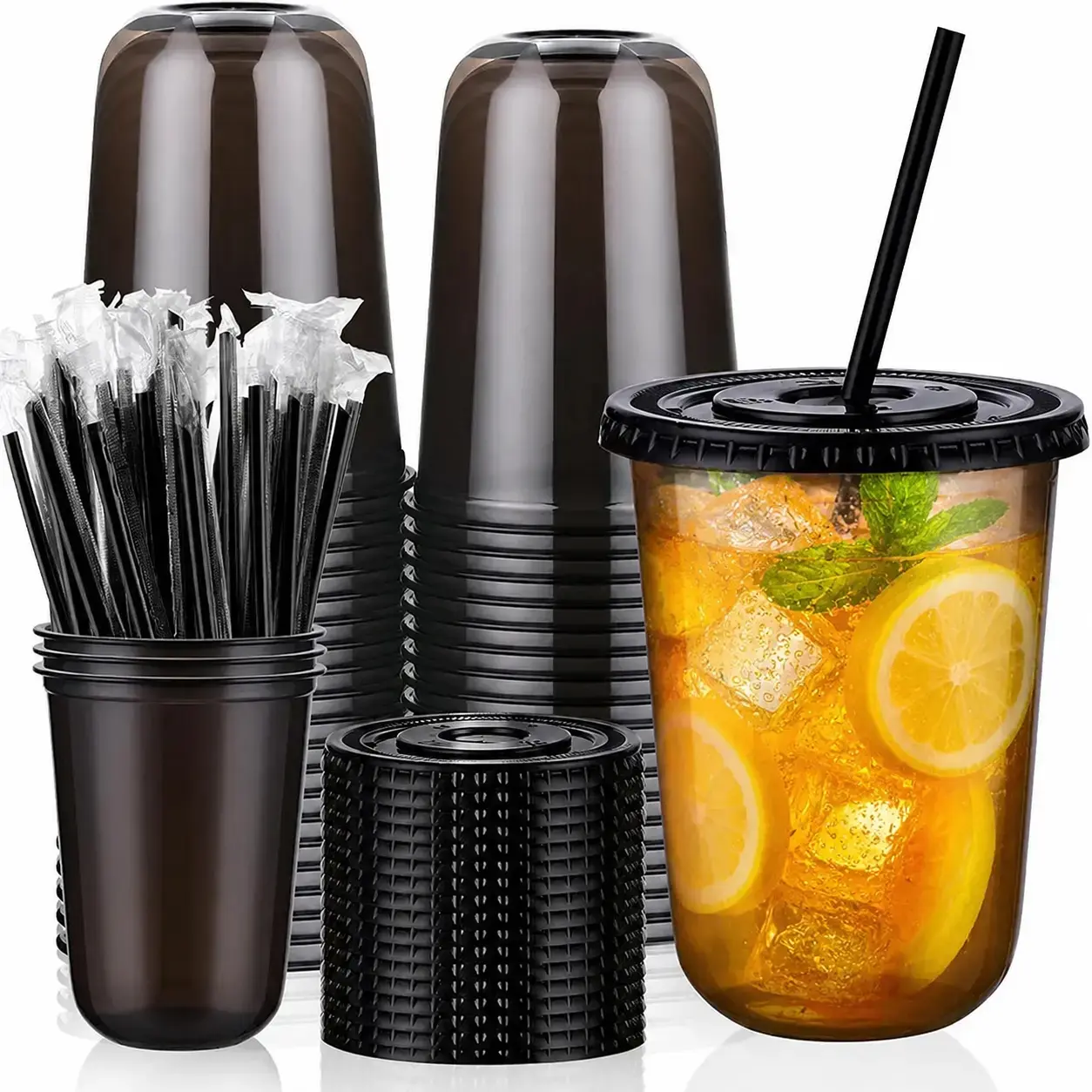 50 Sets Disposable Round Bottom Plastic 16 oz Cups with Secure Lids and Straws, Iced Coffee To-Go Cups for Cold Drinks, Party Supplies,,sohochic