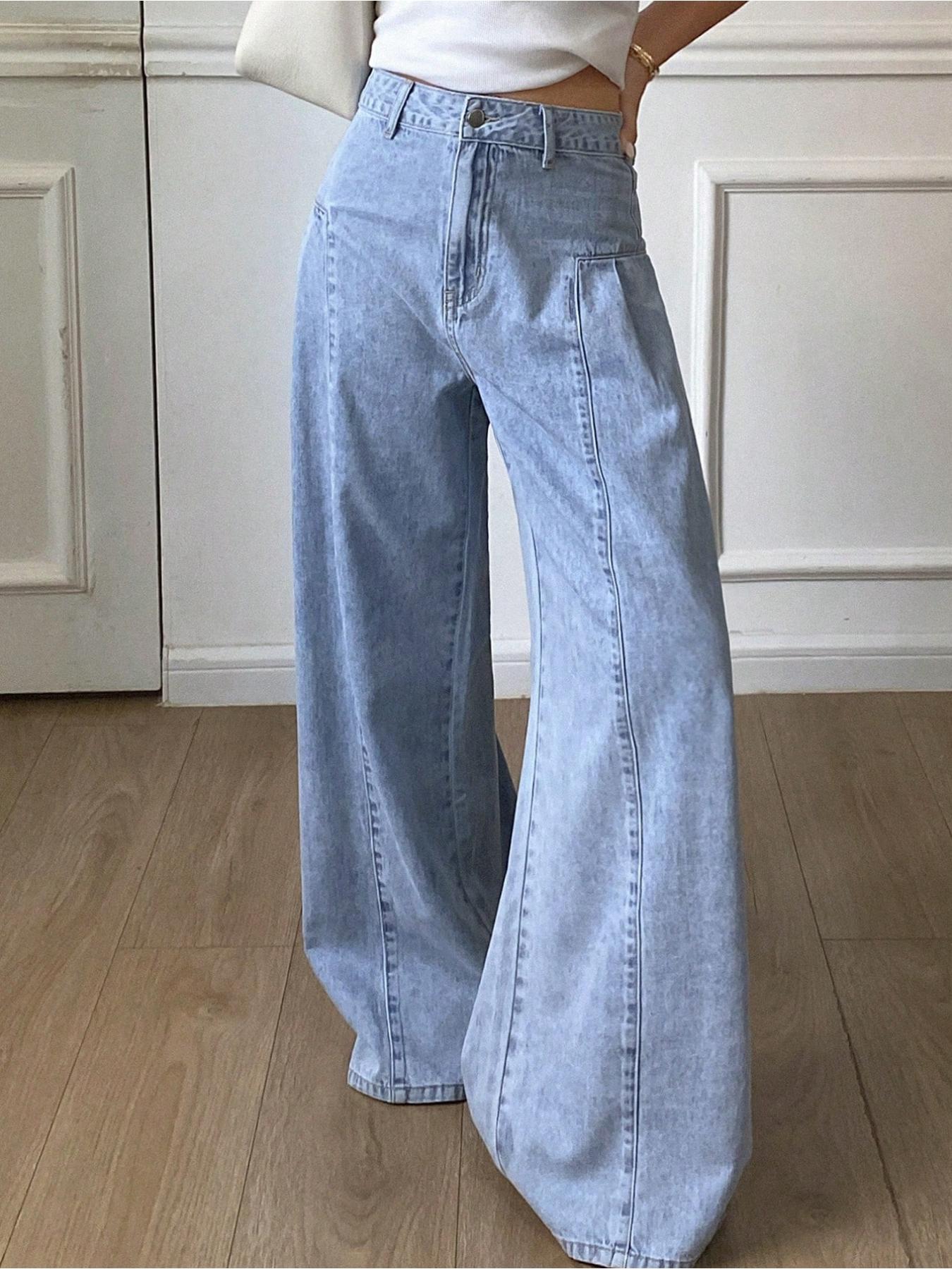 Women's Fashionable Elastic Comfortable Straight Leg Wide-Leg Woven Denim Jeans Pants, Plain Pattern, Fitted Style, All Seasons Wear, Womenswear