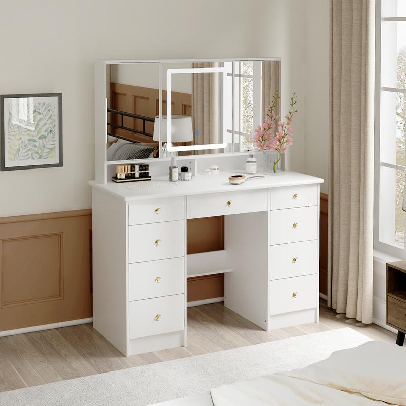 FUFUGAGA-43.3"W Vanity Desk With 9 Drawers, Makeup Desk With 3-Mirror And Touch Screen Light, Dressing Makeup Table For Bedroom