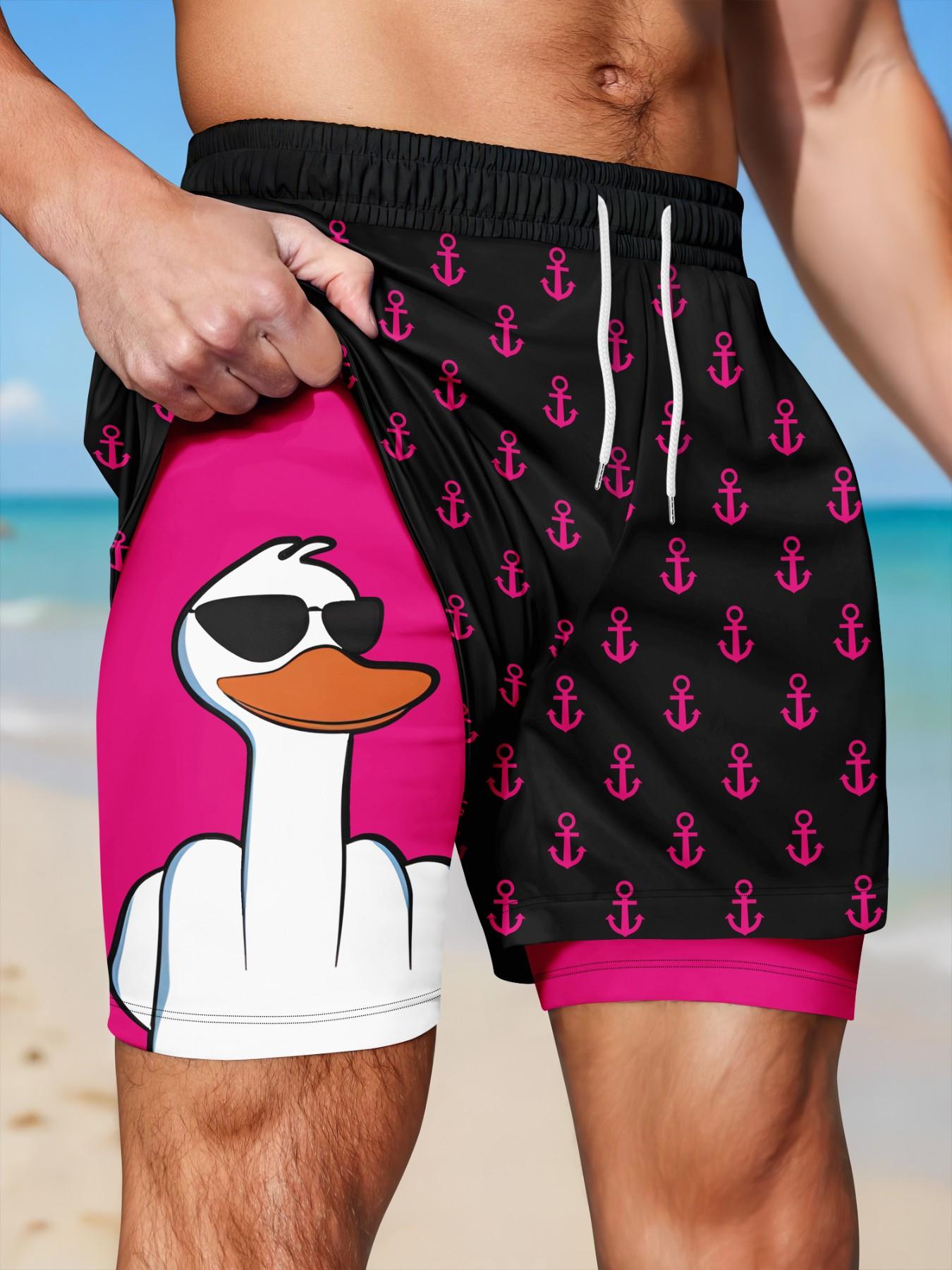 Men's 2-in-1 Quick-Dry Beach Shorts, Swimwear Shorts, Printed Swim Trunks, Cool Cartoon Duck & Anchor Print Drawstring Casual Summer Swim Trunks, Swimsuit Shorts for Vacation #GLOBAL PICKS