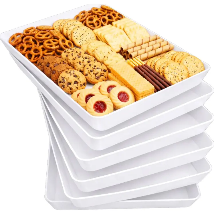 6-Pack Stackable White Serving Trays – Rectangular Platters with Raised Edge, Shatterproof for Charcuterie, Fruit, Dessert, Parties & Outdoor Use