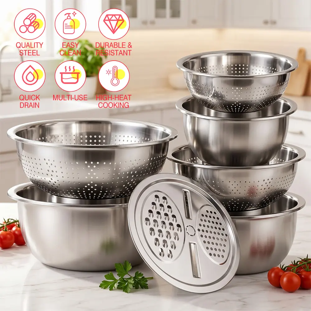 6pcs Deeper & Wider Stainless Steel Stackable Kitchen Prep Bowl Set with Draining Basket, Colander, Vegetable Cutter, Slicer & Mixing Bowl Utensils, Dishwasher-Safe for Pasta Prep, Easy Cleaning & Durable