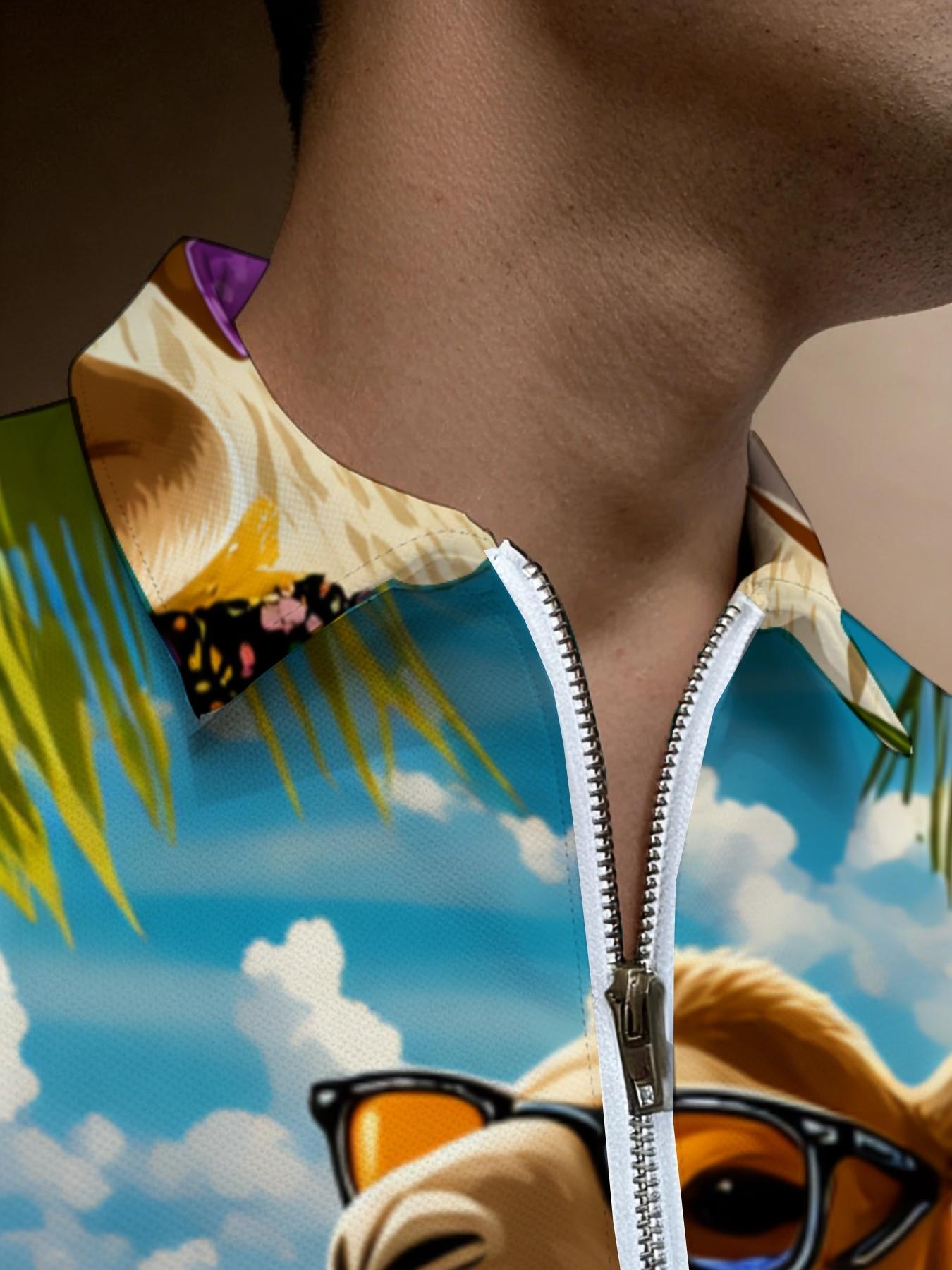 Short Sleeve Polo Shirt with Tropical Camel Pattern, Men's Hawaiian Printed Beach Casual Wear, Summer Vacation Apparel