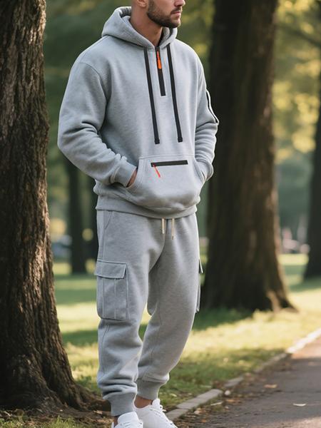 Men's Winter Heavyweight Fleece-Lined Casual Set, Loose Fit Sporty Multi-Pocket Workwear Suit, Warm & Comfortable Two-Piece Set