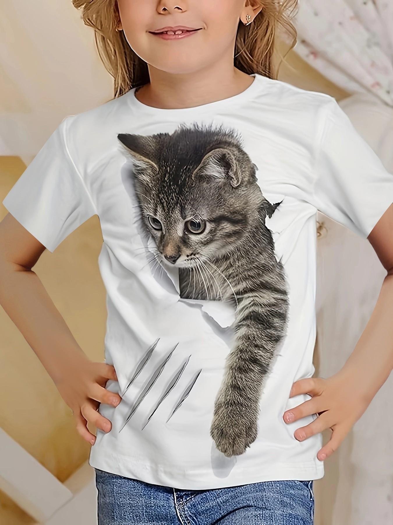 3D Cat Print Short Sleeve T-Shirt, Round Neck Cartoon Pattern Top, Summer Kids Fashion, Casual Loose-Fitting Tee
