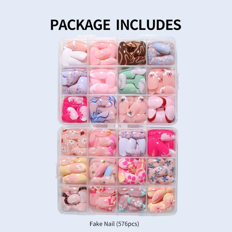 576pcs Short Oval Floral Print Fake Nails Set, Heart Bow Stripe Design, Glossy Finish, Reusable Press-On Nails for Women Girls 576pcs Short Oval Floral Print Fake Nails Set, Heart Bow Stripe Design, Glossy Finish, Reusable Press-On Nails for Women Girls
