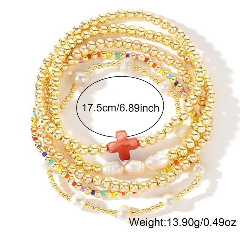 Shinus Boho Gold Plated Pearl Beaded Cross Bracelets Stack Set for Women Stretch Boho Colorful Christian Beads Ball Jewelry Friendship Christmas Stocking Stuffer Trendy Gift for her