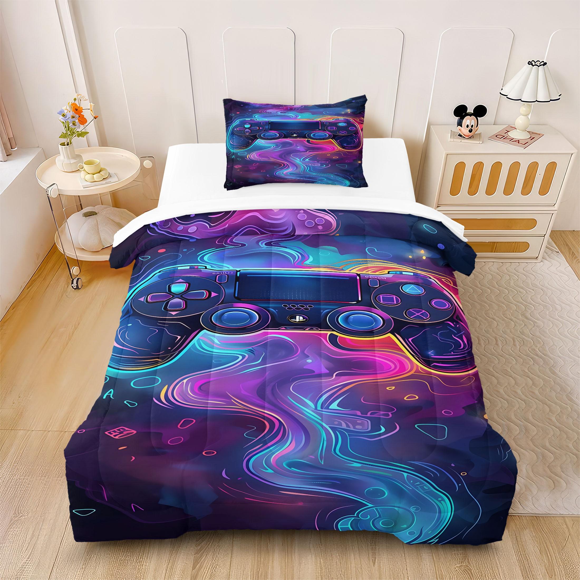 Street Graffiti Game Controller Comforter Set,Includes 1 Comforter & 1-2 Pillowcases,Neon Gamer Themed Print Bedding Set,Soft Breathable All-Season Gamer Bedding,for Teen Boys Bedroom Gamer Room Dorm Decor,Perfect Gift for Video Game Lovers
