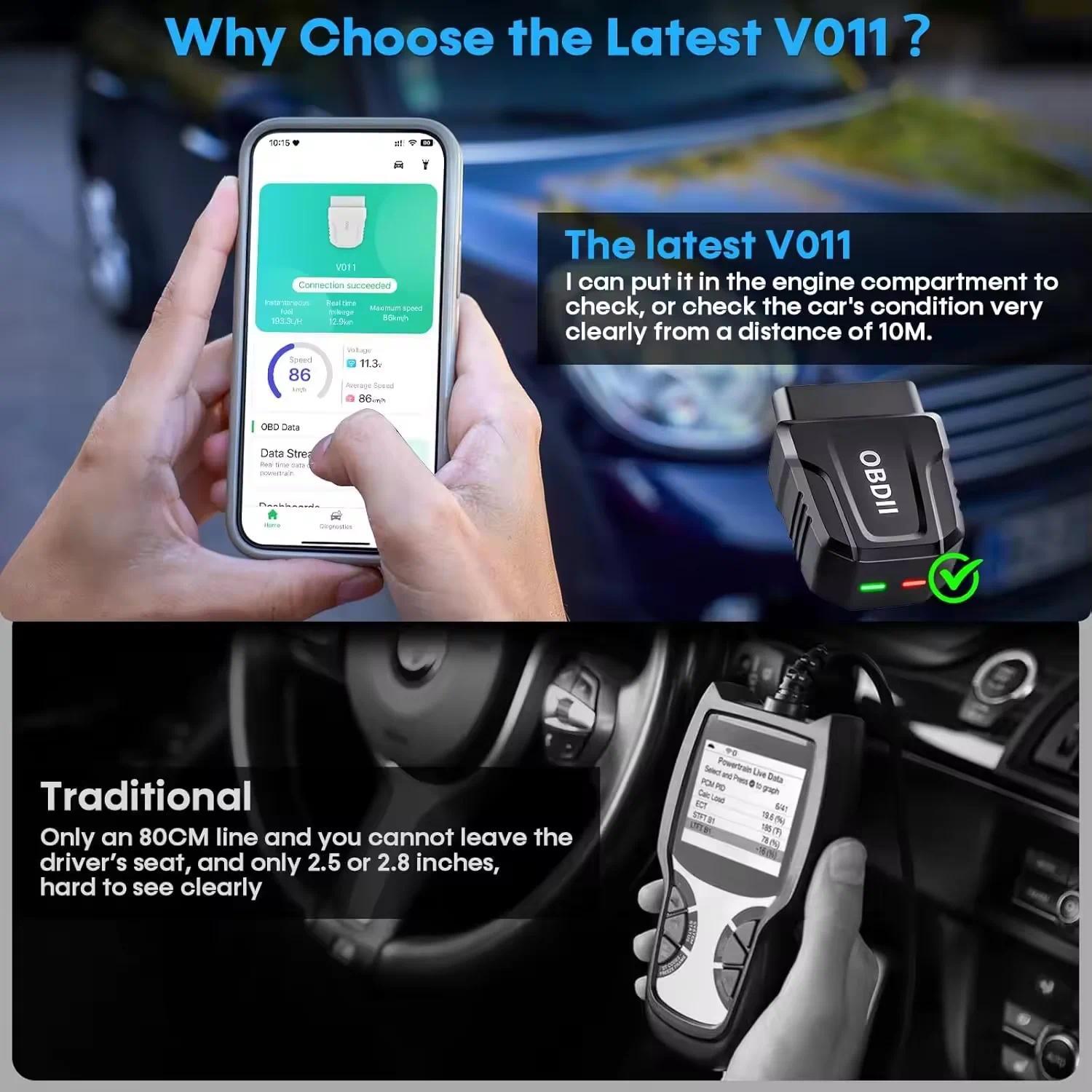 V011 OBD2 Scanner, Bluetooth-compatible 5.4 Diagnostic Scan Tool, Wireless Auto Connect Clear/Reset Engine Error Code Reader for iOS/Android