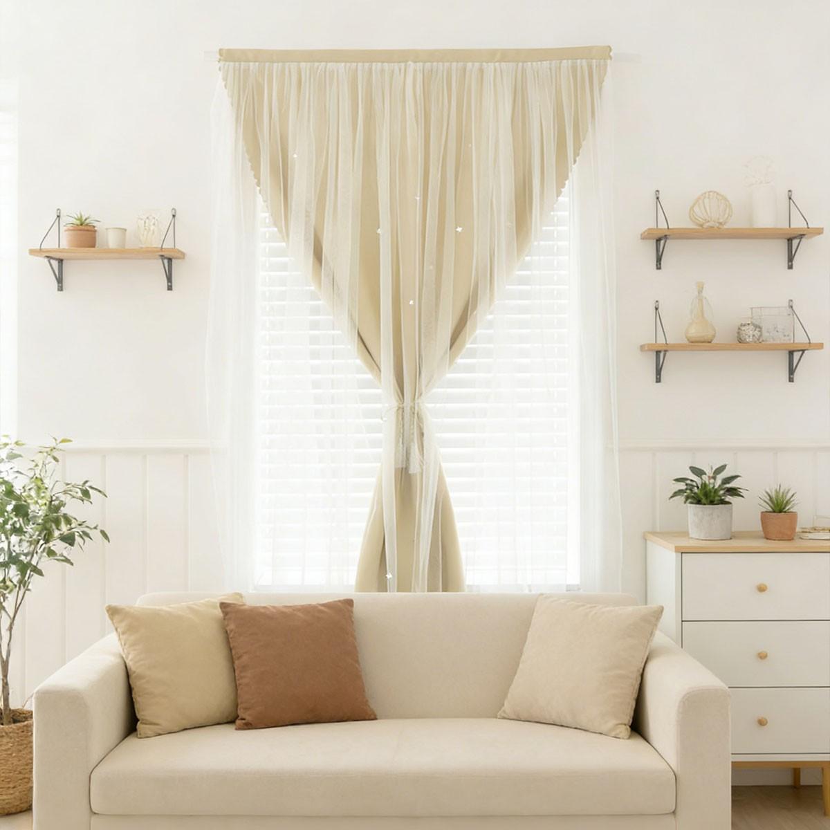 Starry Two-Layer Curtains, No-Drill Bedroom Girl Style Light Blocking Drapes, Balcony Window Windproof Sheer Curtain with Magic Tape