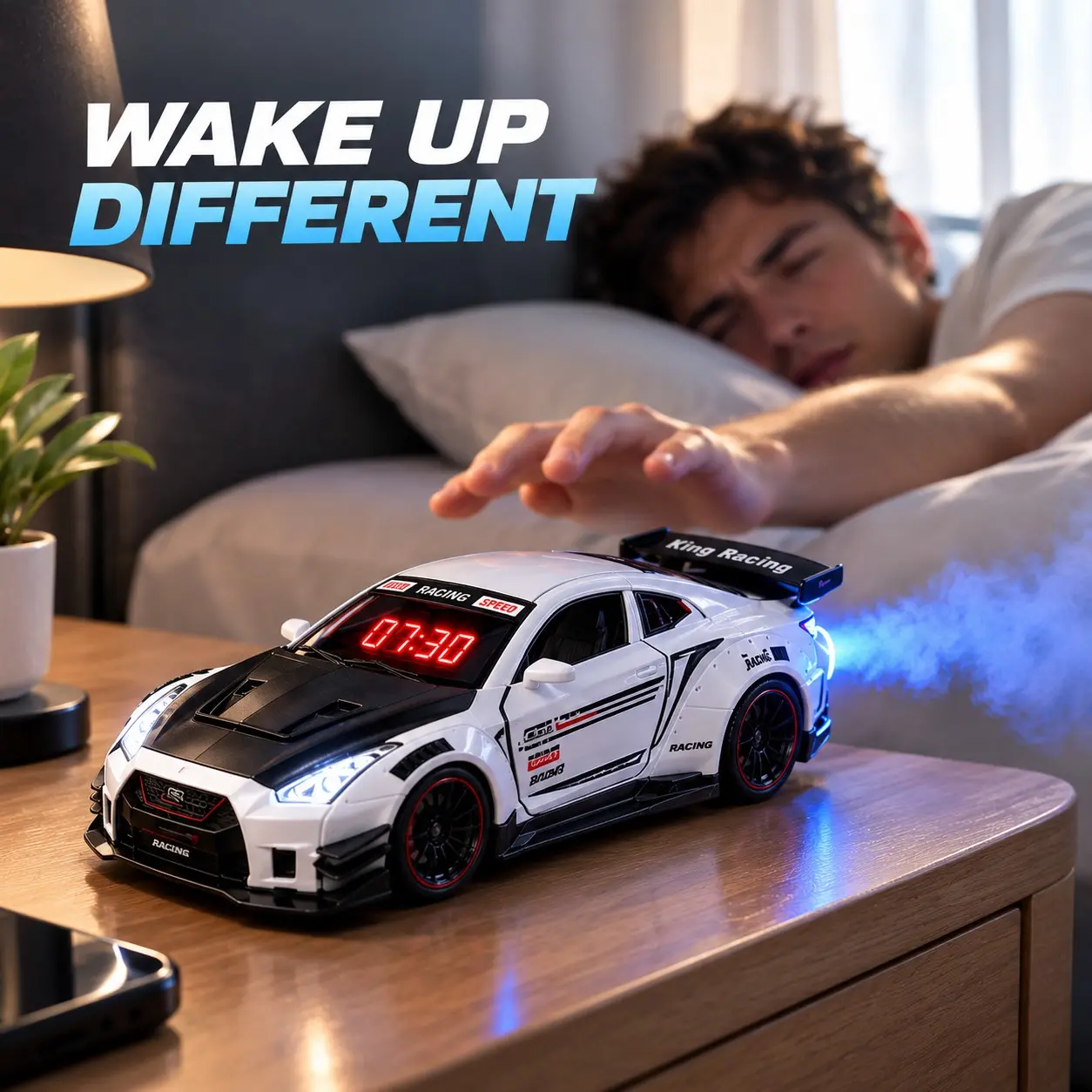 Upgraded Alloy Car Alarm Clock with Multiple Realistic Car Sound Effects, Remote Control Adjustable Volume, Blue Spray at the Back