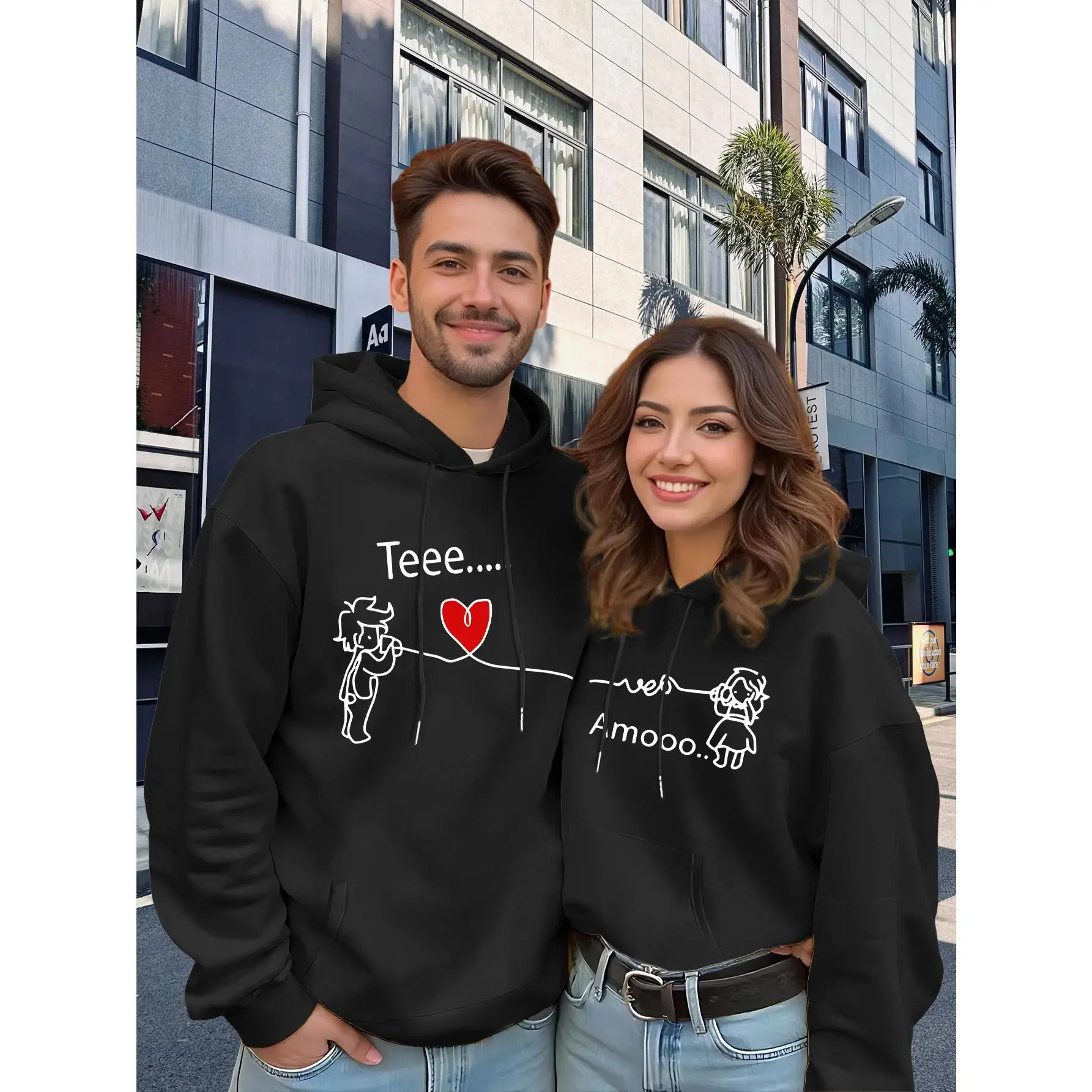 [2026 Couple'S ] Thickened Hooded Sweatshirts for Autumn And Winter - Ins Same Style, Geometric Print Love Design Loose Coat, Unisex CP Outfit