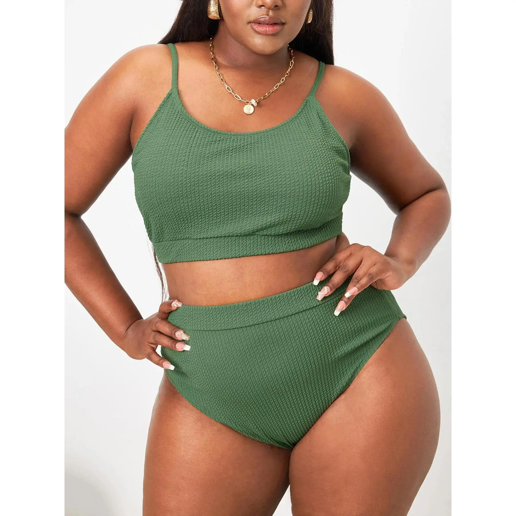 [Plus Size] Plain Ribbed Swimsuits, Casual Spaghetti Strap Cami Swim Top & High Waist Swim Bottom Bikini Sets for Summer, Swimsuit for Women, Women's Swimwear for Beach Holiday, Tankini Outfit, High Waisted Swimsuit, Swim Tankini Tops