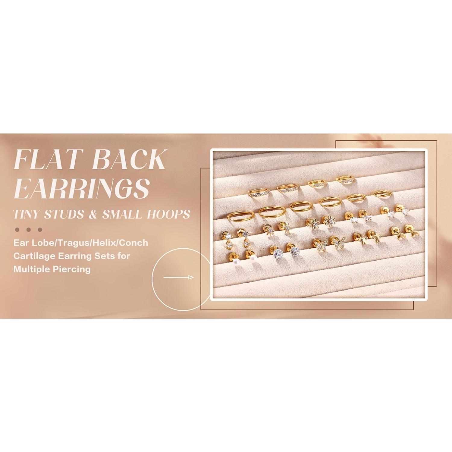 15pairs 14K Gold Plated Flat Back Earrings - Hypoallergenic Surgical Stainless Steel Stud Hoop Earrings for Women Girls Cute Stud Earring Set Small Huggie Hoops Cartilage Earring Stacks Stud Earrings Jewelry Earrings Studs