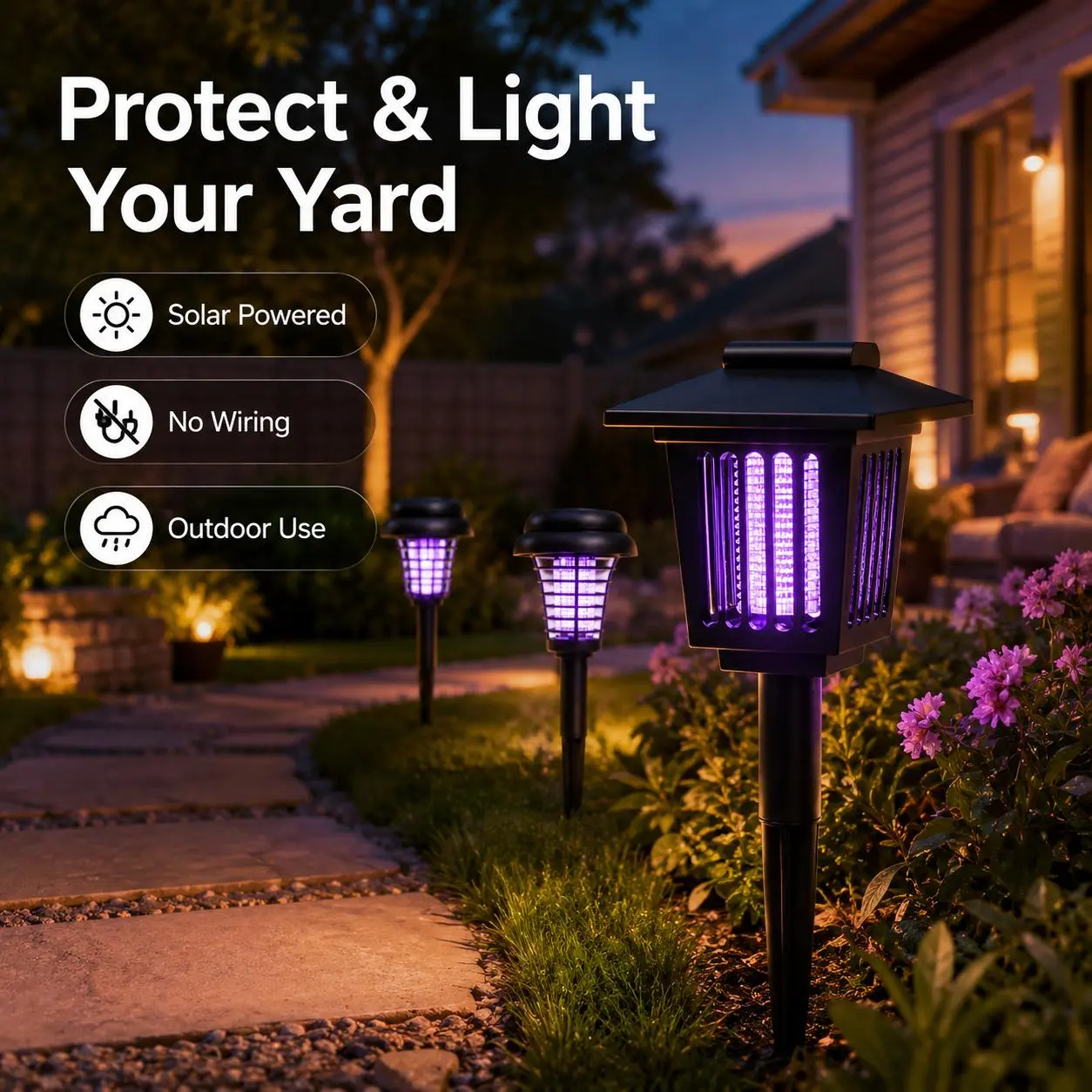 Solar Mosquito Zapper Stake Lamp - Outdoor Pest Control Bug Zapper, Solar Garden Lights, Dual Mode (Pest Control + Pathway Lighting), Weather Resistant, Easy Setup, Small/Large Round & Square Garden Accessories