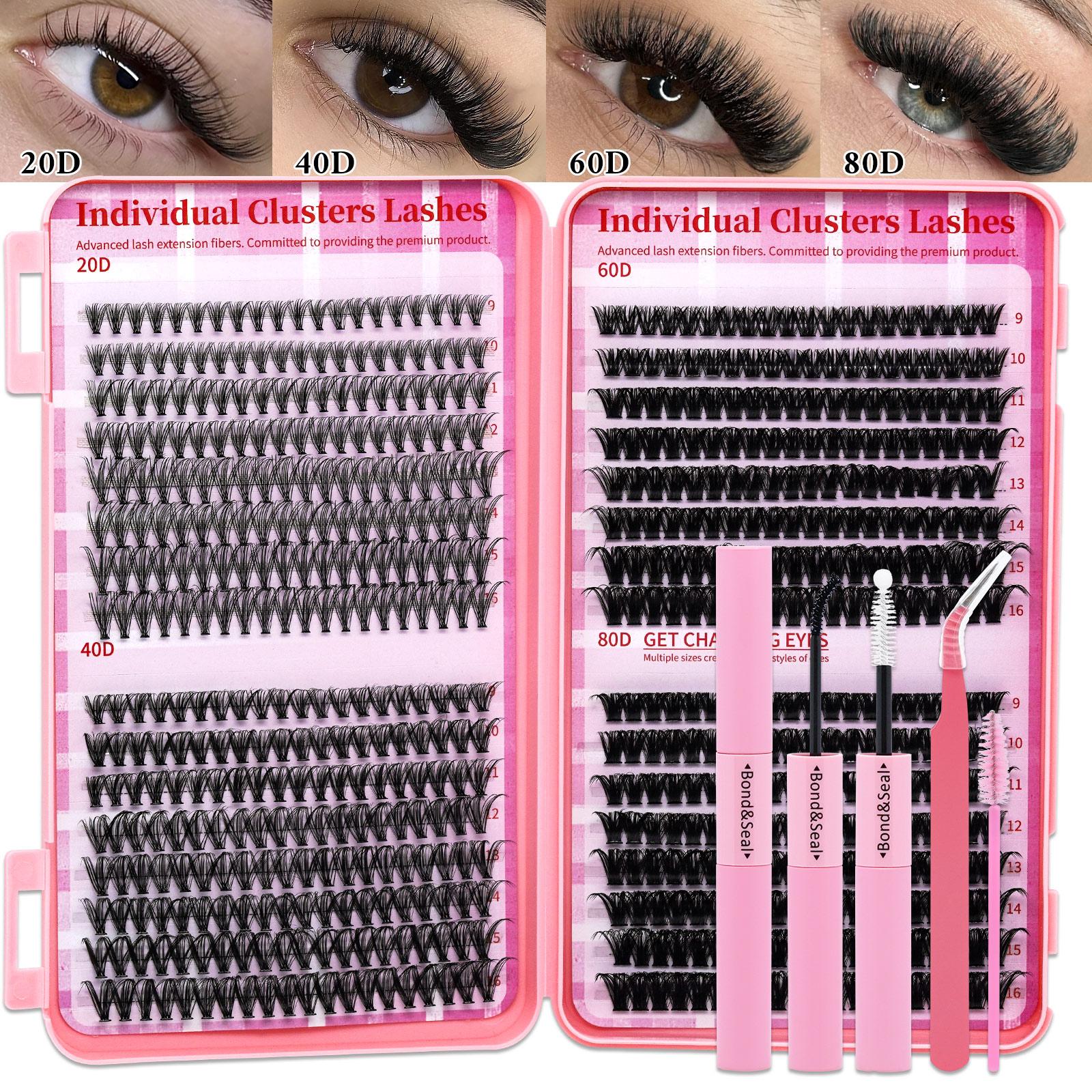 Lashsun Lash Clusters Kit D Curl 8 Styles, Natural Colorful Lashes, Bond Seal Brush, Headband Wristband, Beginner Proficient DIY
