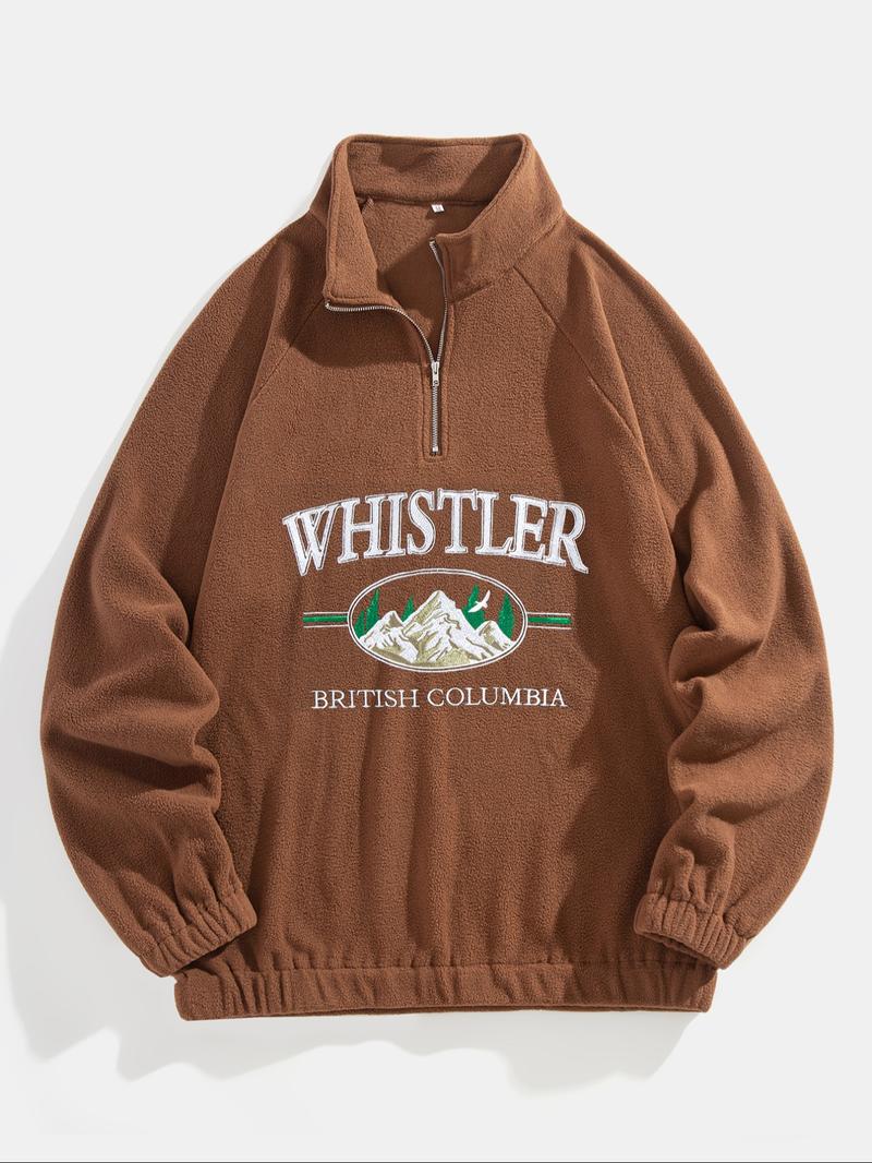 Men's Landscape & Letter Print Zip Front Fleece Sweatshirt, Loose Casual Raglan Sleeve Stand Collar Pullover for Fall & Winter, Men's Clothes for Daily Wear, Winter Fashion Clothing