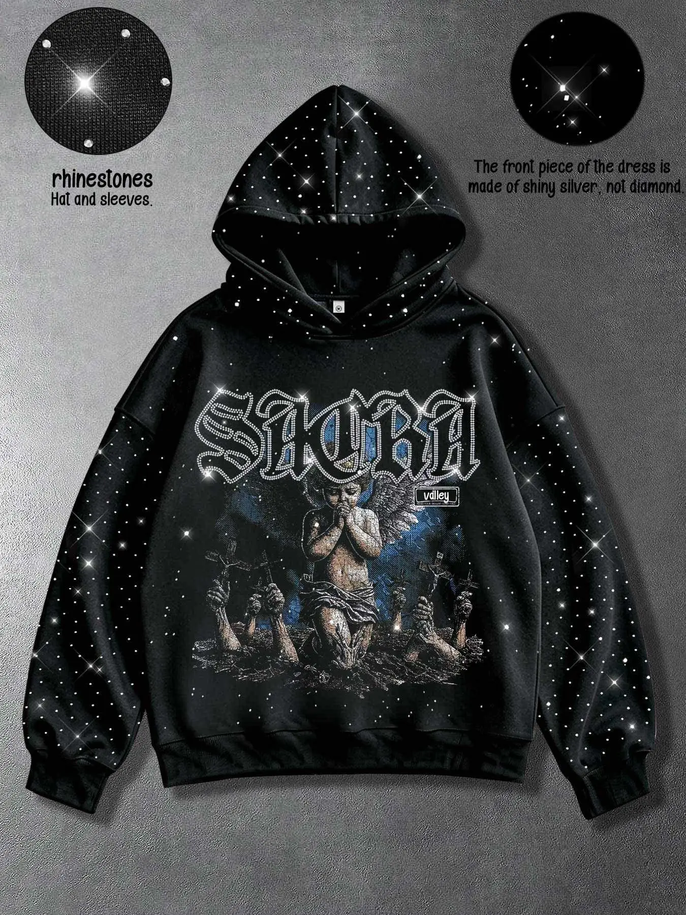 Y2K Gothic Floral Prayer Angel Retro Distressed Valley Letter Print Pullover Hooded Sweatshirt, Unisex Style, Full Rhinestone Hooded Sleeves, Silver Glitter Front Back, Fleece Loose Sweatshirt, Gothic Printed Hoodie