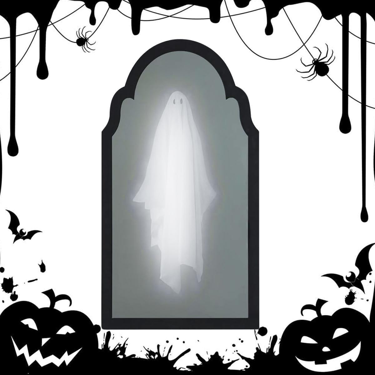 Ghost Mirror Halloween Decor – LED Holographic Ghost Illusion Mirror, 2-in-1 Daytime Mirror Nighttime Ghost, Spooky Tabletop Decoration for Mantel Shelf Party, Creepy Cute Gift for Kids Adults