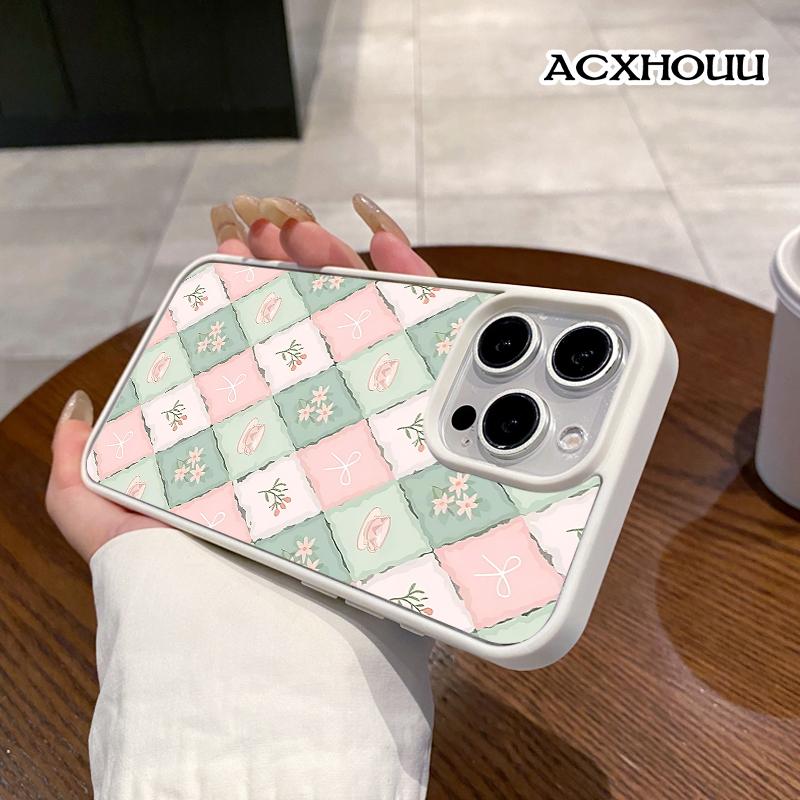 Pastel Tea Checker Pattern Magnetic Phone Case for iPhone 17 16 15 14 Pro Max 13 12 11 XR XS Plus Anti-Yellowing Shockproof Lightweight Transparent Acrylic Soft Cover Supports Wireless Charging