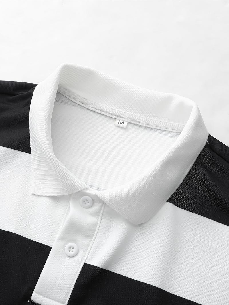 Men's Black and White Stripe Polo Shirt with Velocity Vandal Graphic, Streetwear Collared Shirt with Vintage Text for Casual Fashion