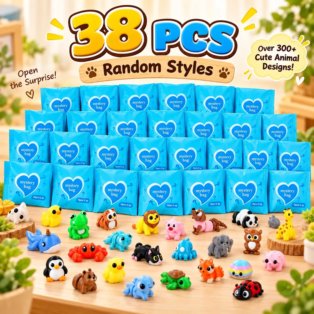 38PCS 3D Printed Animal Mystery Blind Bags, Random Mini Animal Figurines, 1 Animal Per Bag, Cute Surprise Collectible Toys for Party Favors, Classroom Rewards, Goodie Bags & Gifts, Minifigures