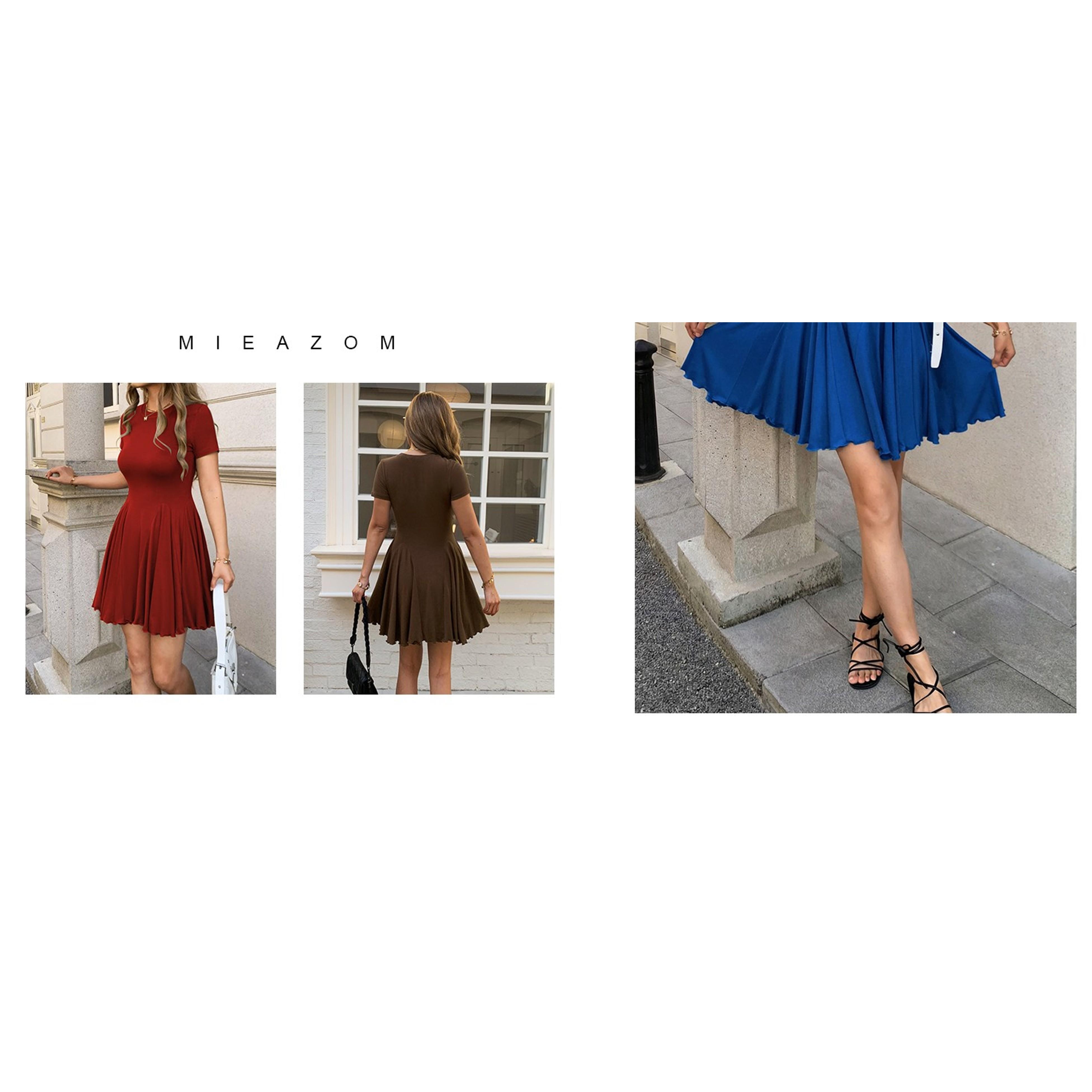 Womens Summer Fit and Flare Swing Flowy Mini Dress Casual A Line Crewneck Pleated T Shirt Skater Dress Beach Sundress