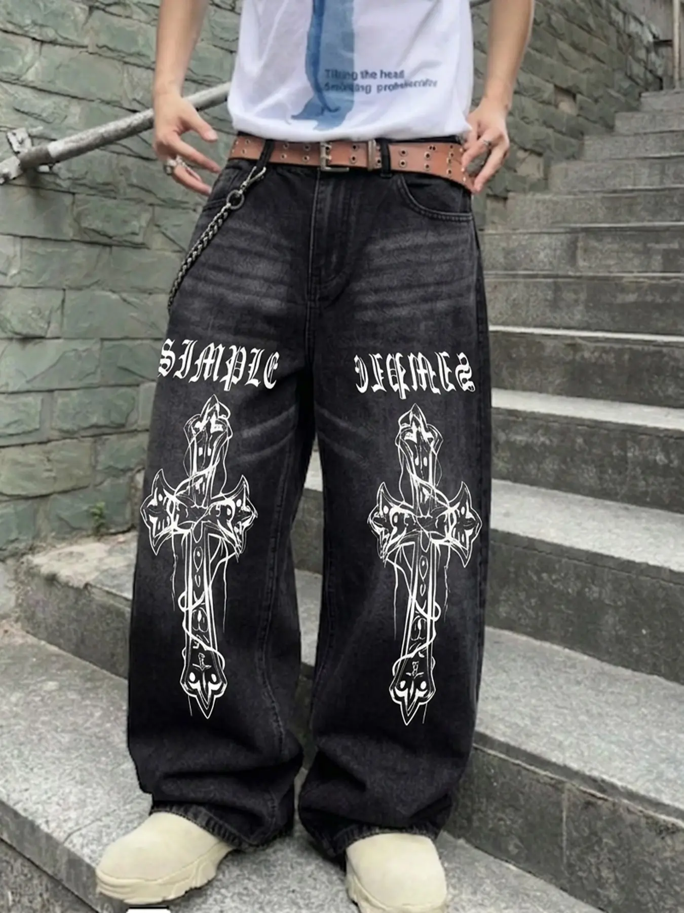 American Style Men's Cross Letter Print Jeans, Cotton Vintage Washed High Waist Straight Leg, Streetwear Unisex Denim Jeans