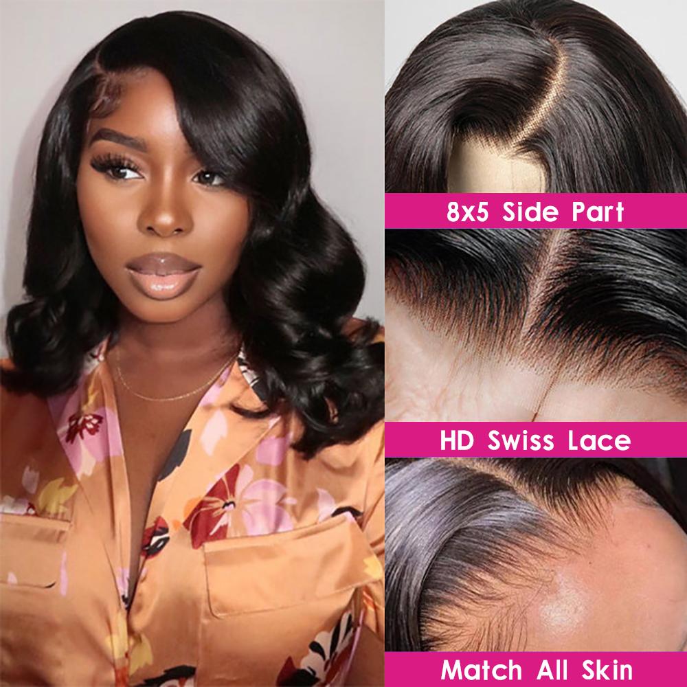 Subella Glueless Short Bob Wig Pre Cut Lace Body Wave 8x5 HD Lace Front Wigs Pre Plucked Human Hair For Women 200% Density 12 Inch