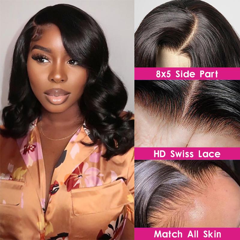 Subella Glueless Short Bob Wig Pre Cut Lace Body Wave 8x5 HD Lace Front Wigs Pre Plucked Human Hair For Women 200% Density 12 Inch