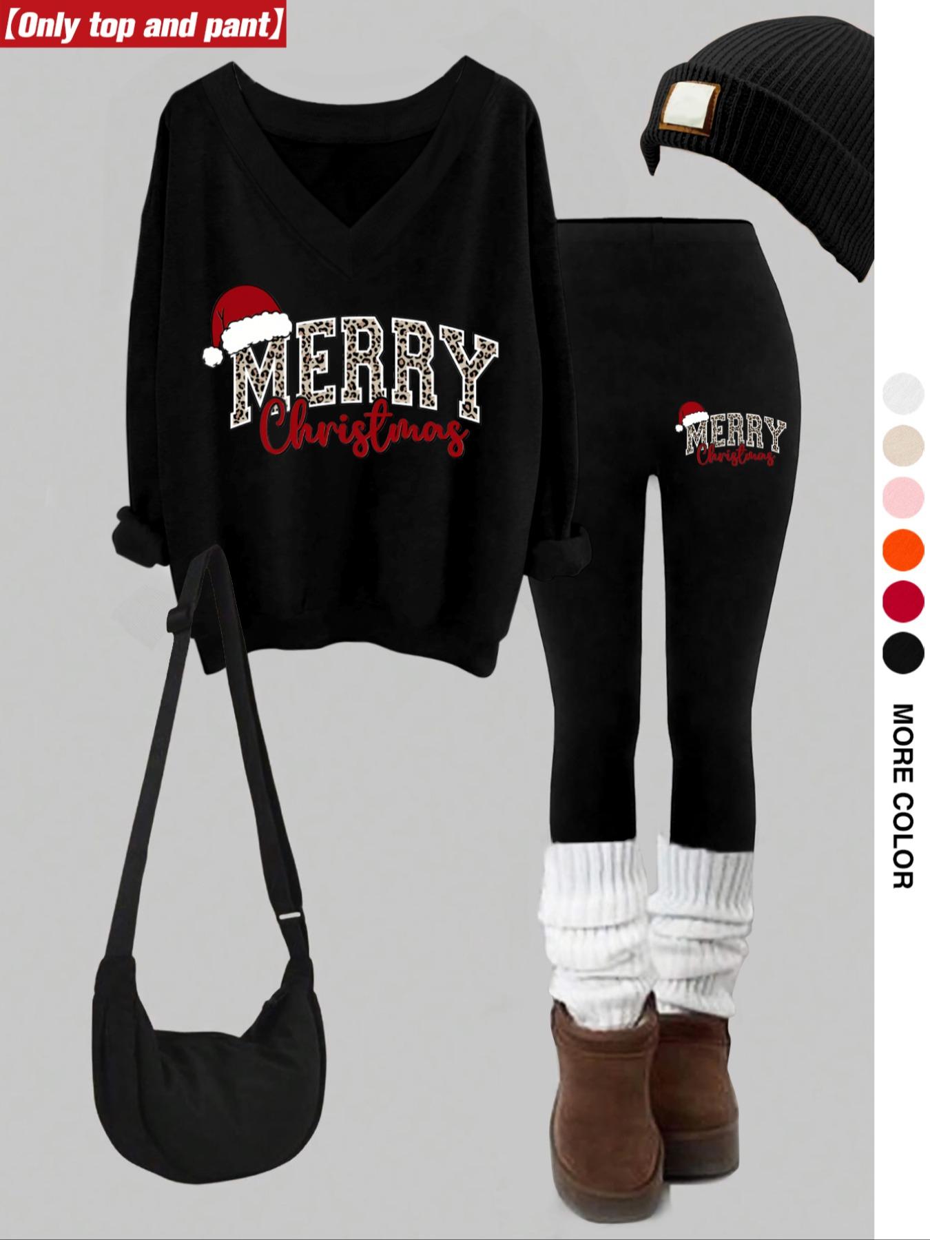 Women's Christmas Print V-Neck Long Sleeve Hoodie Set, Fitted Skinny Pants, Casual Fall & Winter, Multi Color Options, Matching Clothing Set