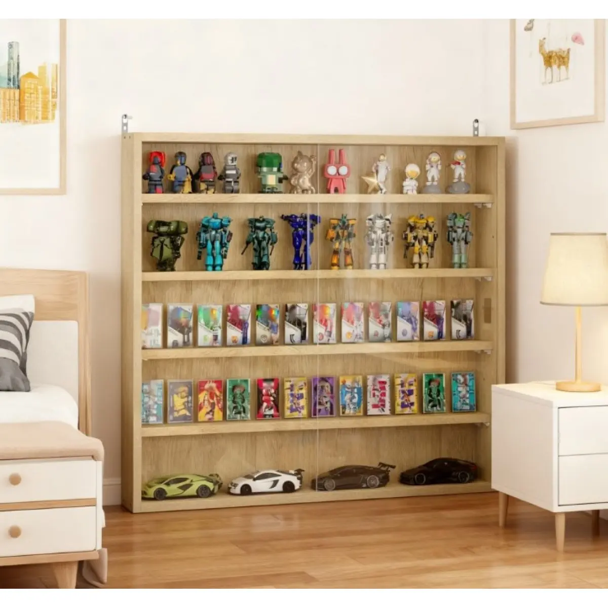 Display Case for Collectibles,Clear Door for Showcase and Adjustable Shelves Oak Cabinet