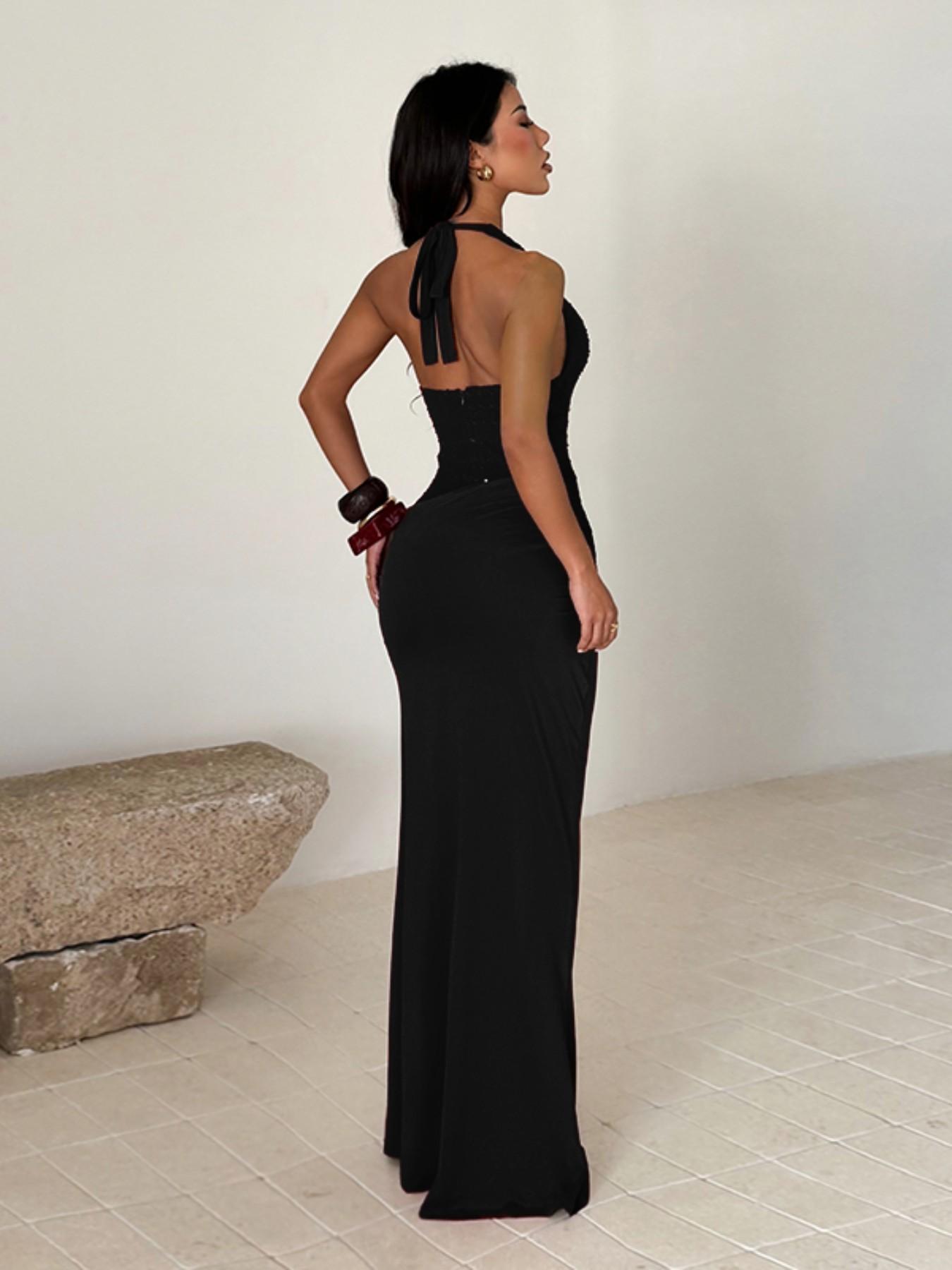 Shimmering Knitted Halter Neck Dress, Patchwork Design, Elegant One-Piece, Perfect for Parties and Special Occasions
